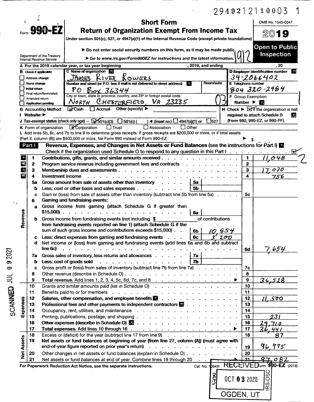 Image of first page of 2019 Form 990EZ for James River Rowers