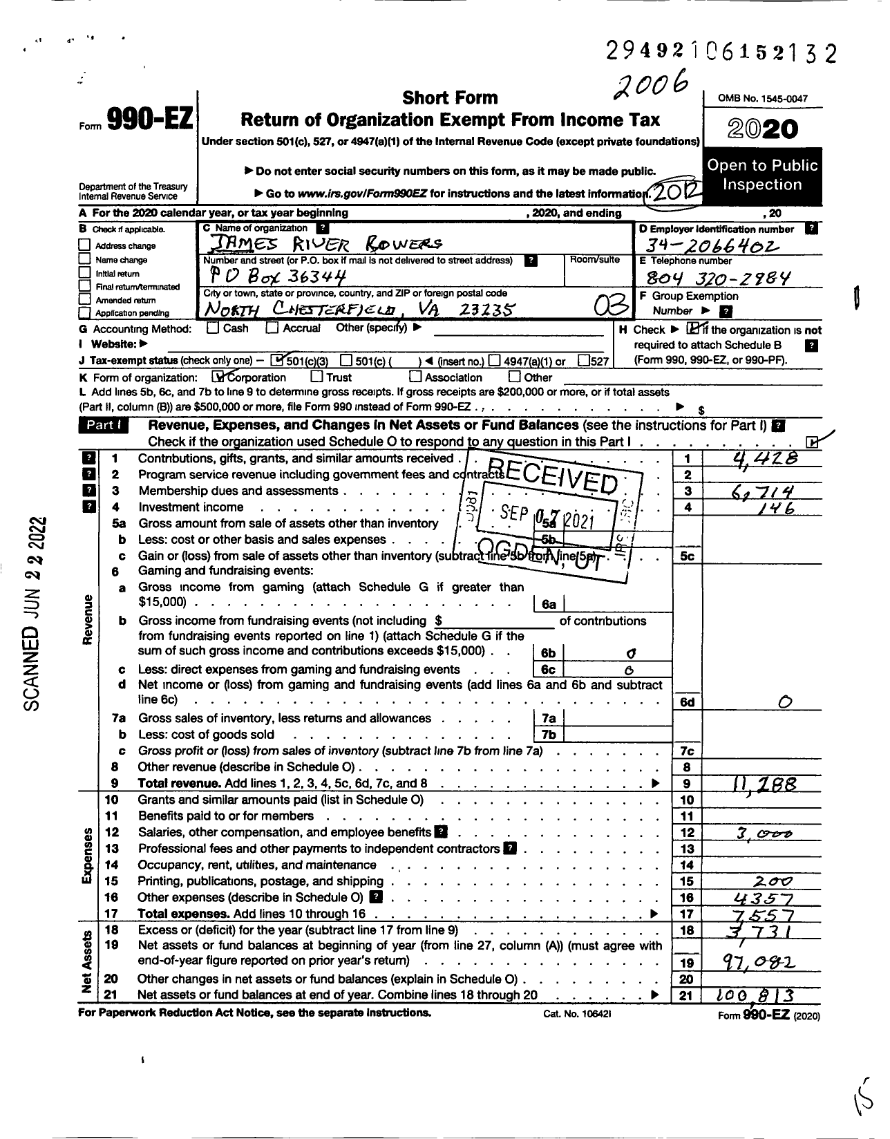 Image of first page of 2019 Form 990EZ for James River Rowers