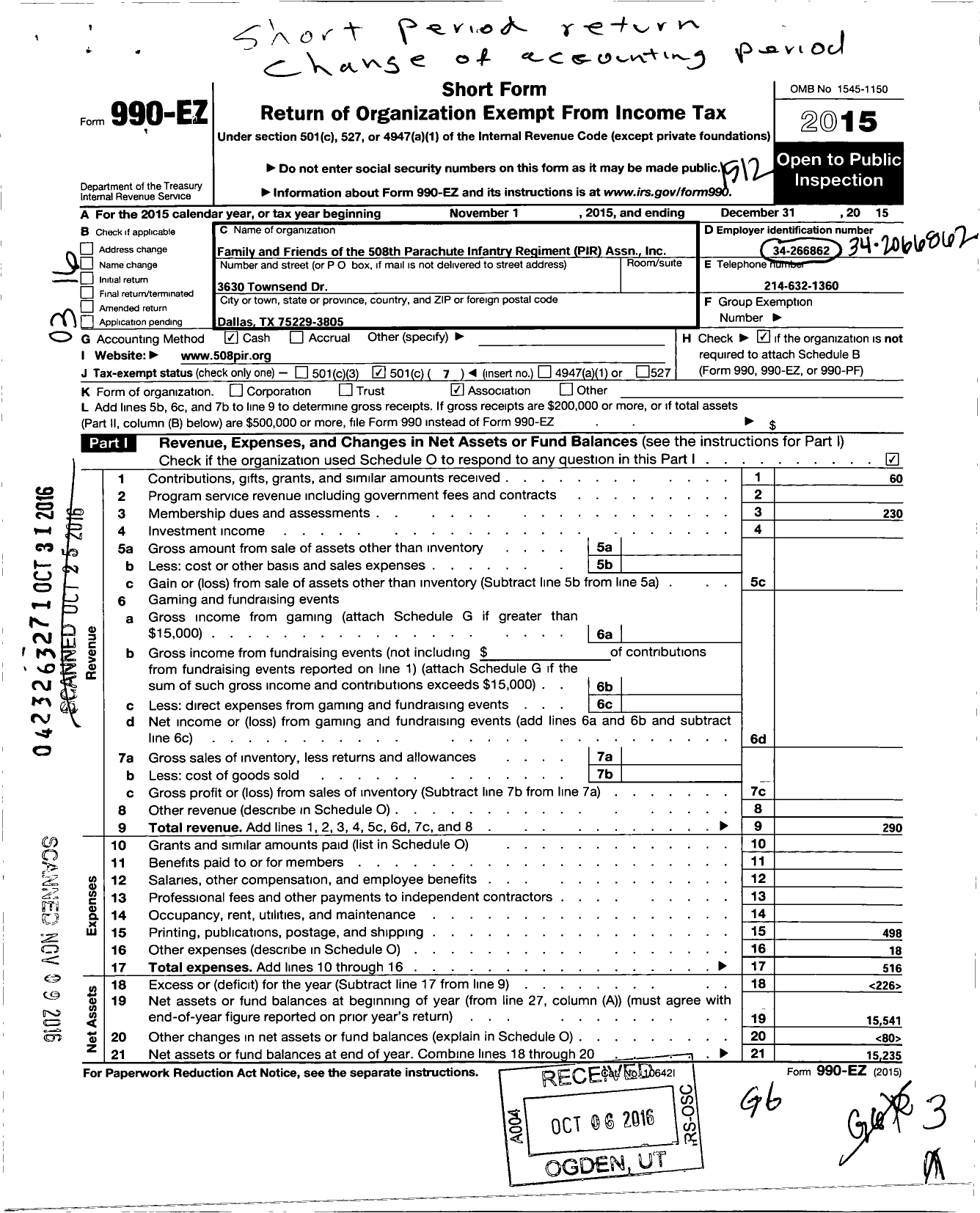 Image of first page of 2015 Form 990EO for Family and Friends of the 508th Parachute Infantry Regiment Association