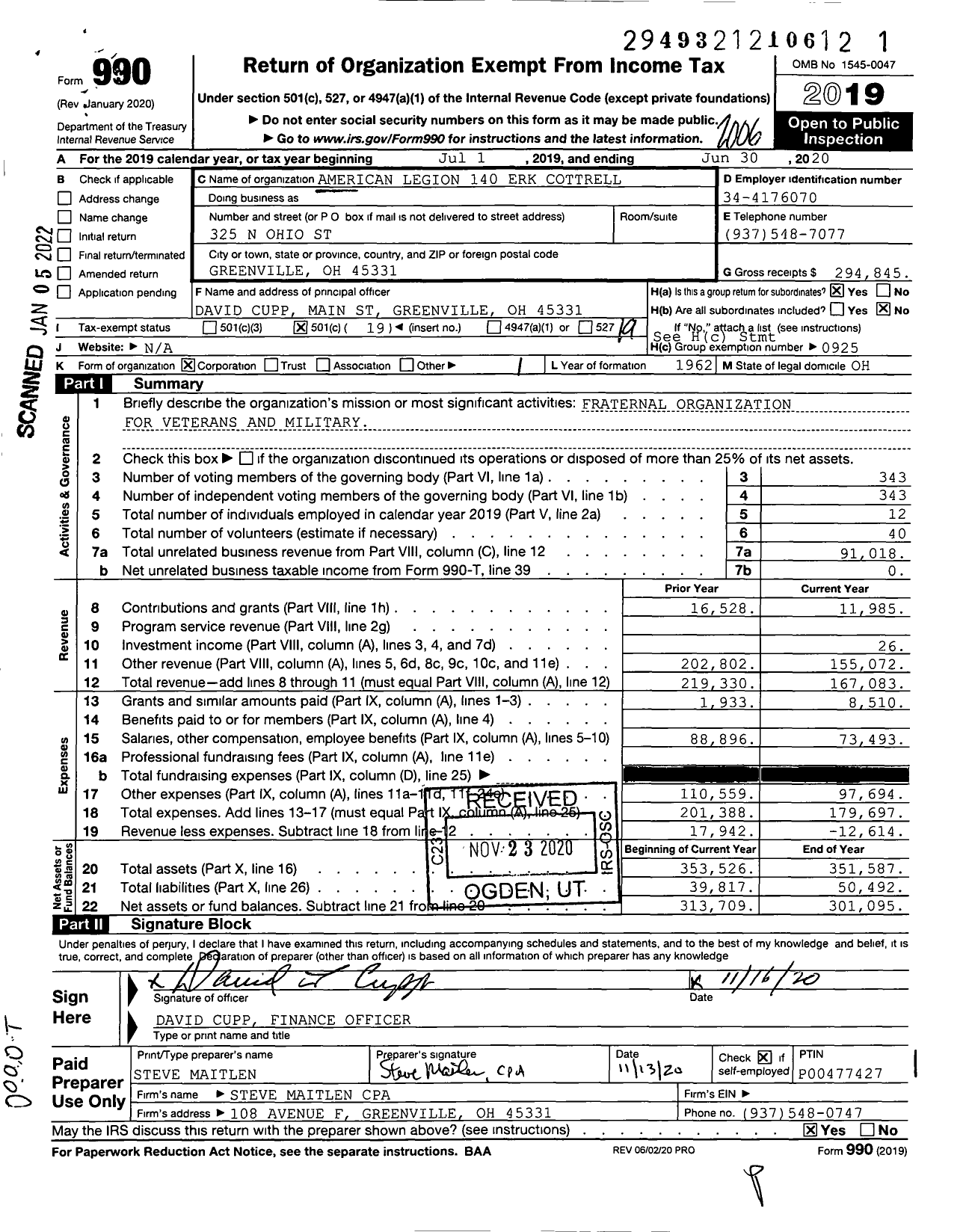 Image of first page of 2019 Form 990O for American Legion - 140 Erk Cottrell