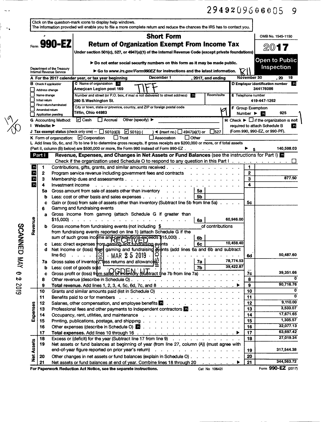 Image of first page of 2017 Form 990EO for AMERICAN LEGION Post 169