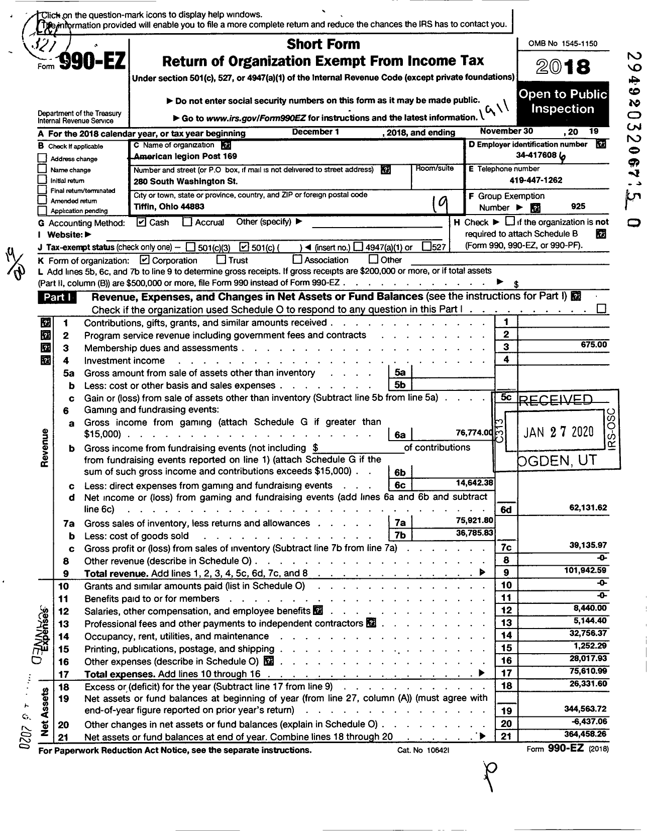 Image of first page of 2018 Form 990EO for AMERICAN LEGION Post 169