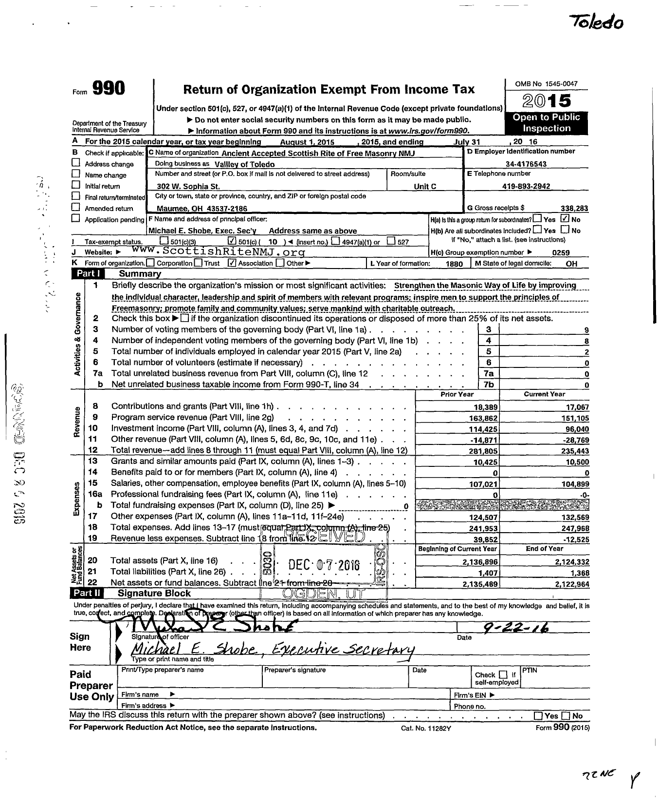 Image of first page of 2015 Form 990O for Scottish Rite, NMJ - Valley of Toledo