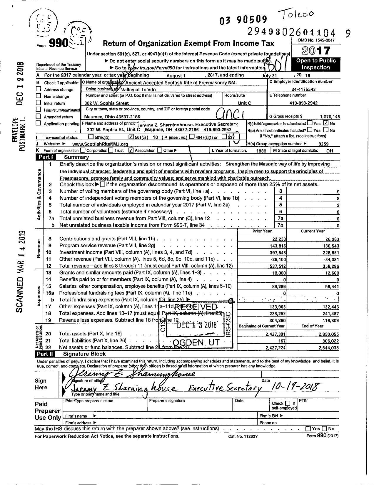 Image of first page of 2017 Form 990O for Scottish Rite, NMJ - Valley of Toledo