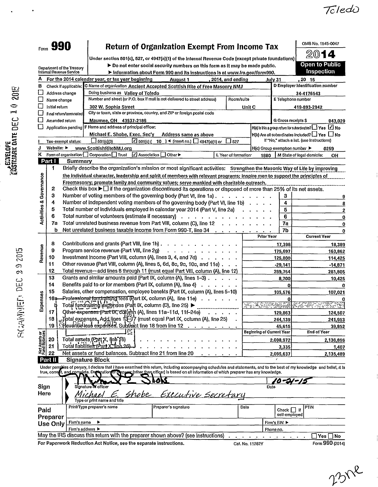 Image of first page of 2014 Form 990O for Scottish Rite, NMJ - Valley of Toledo