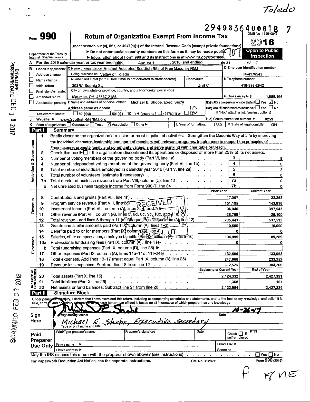 Image of first page of 2016 Form 990O for Scottish Rite, NMJ - Valley of Toledo