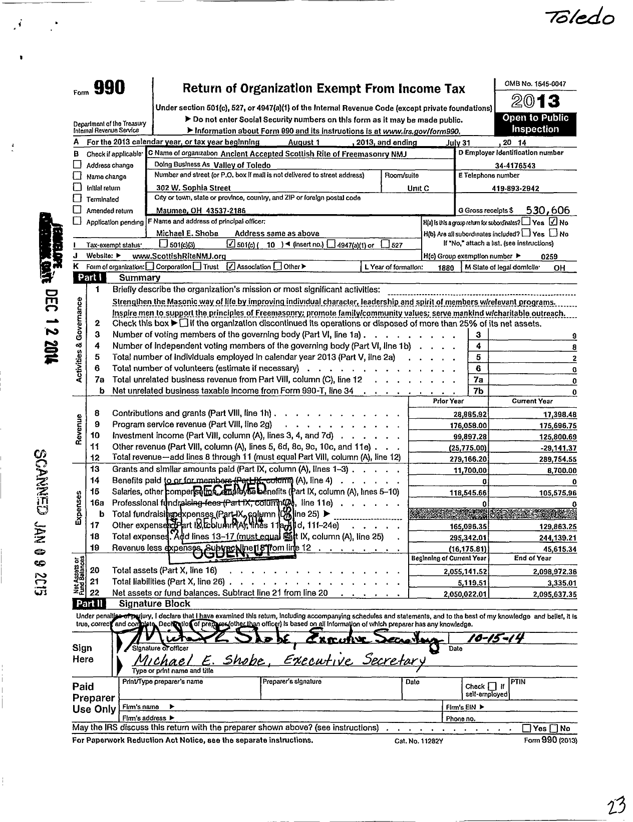 Image of first page of 2013 Form 990O for Scottish Rite, NMJ - Valley of Toledo