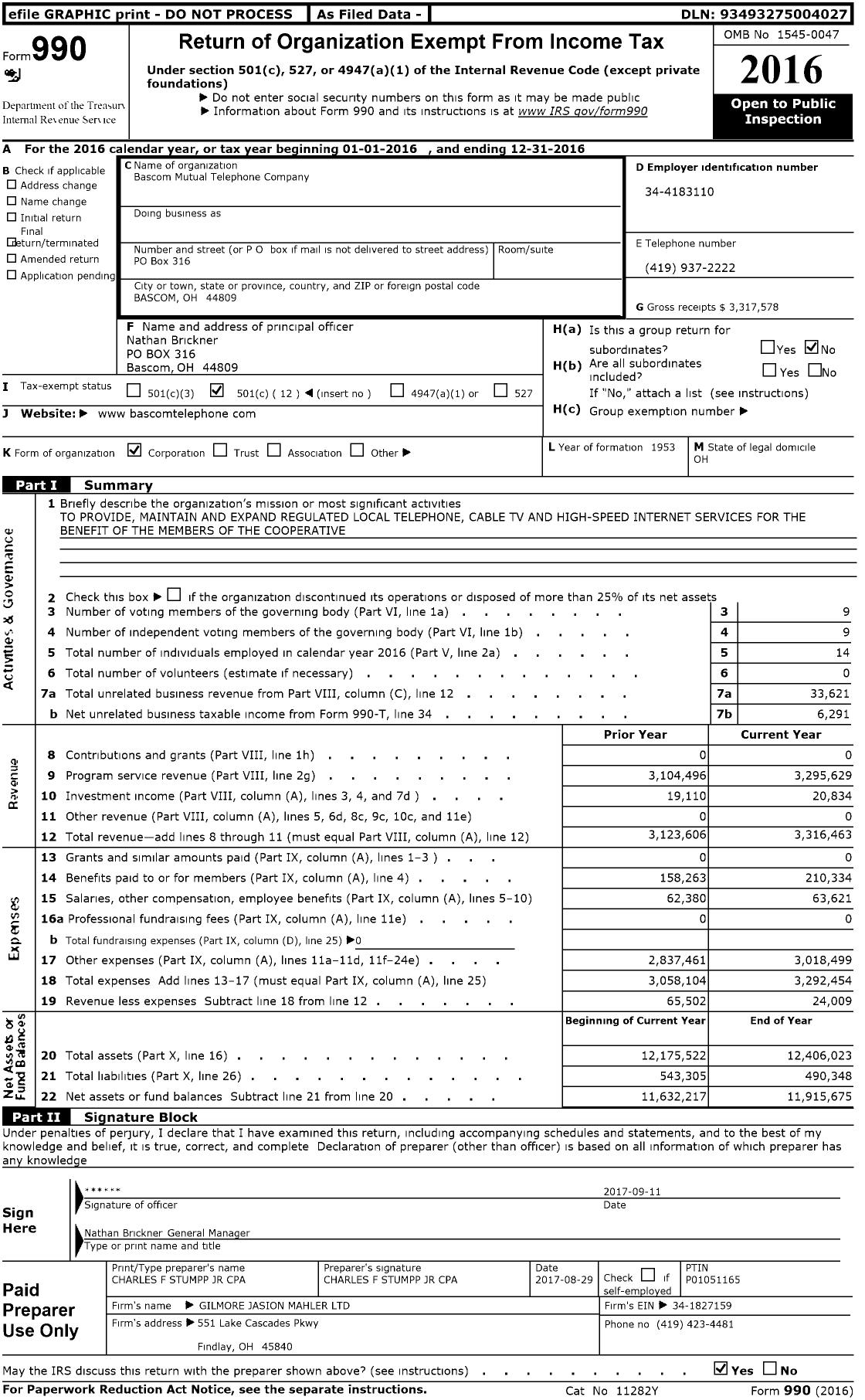 Image of first page of 2016 Form 990O for Bascom Mutual Telephone Company