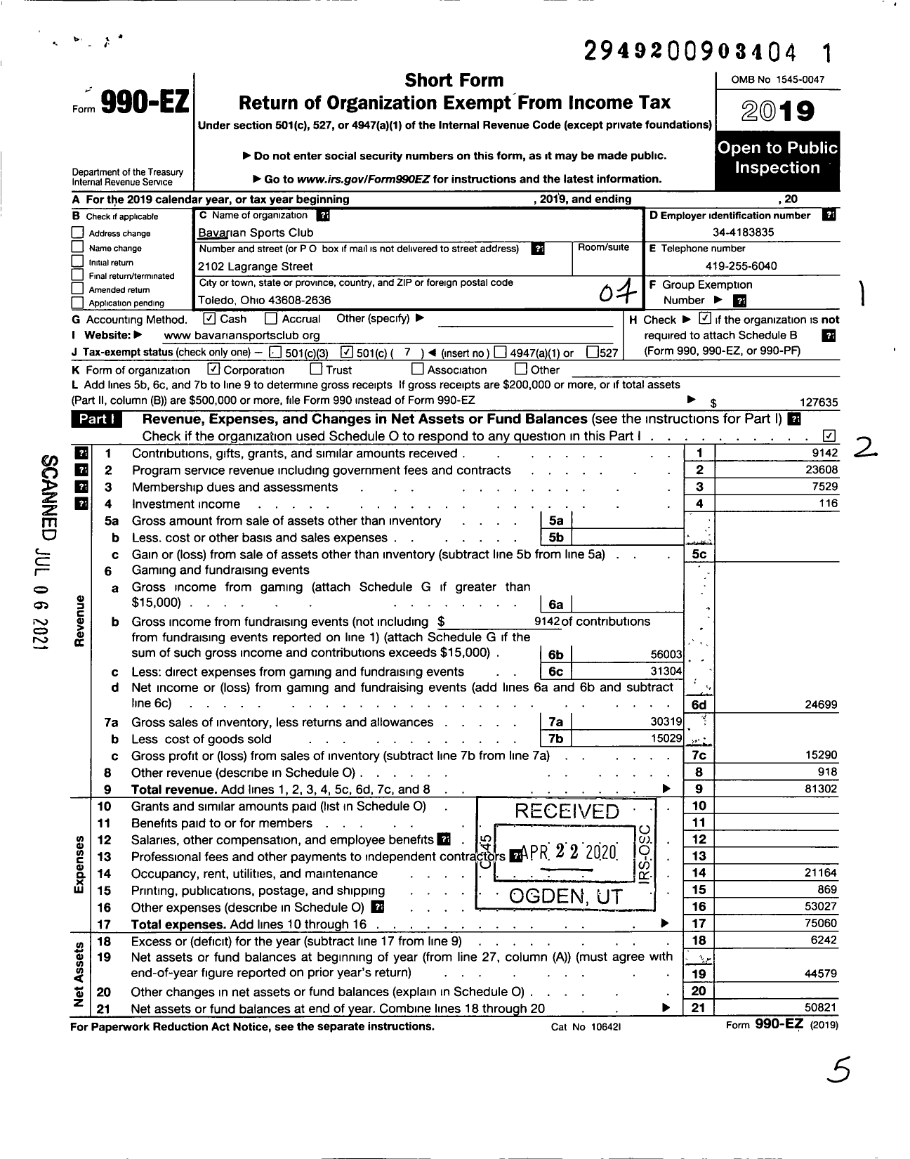 Image of first page of 2019 Form 990EO for Bavarian Sports Club