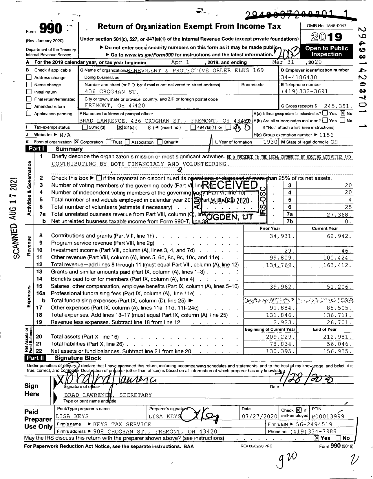 Image of first page of 2019 Form 990O for Benevolent and Protective Order of Elks - 169 Fremont