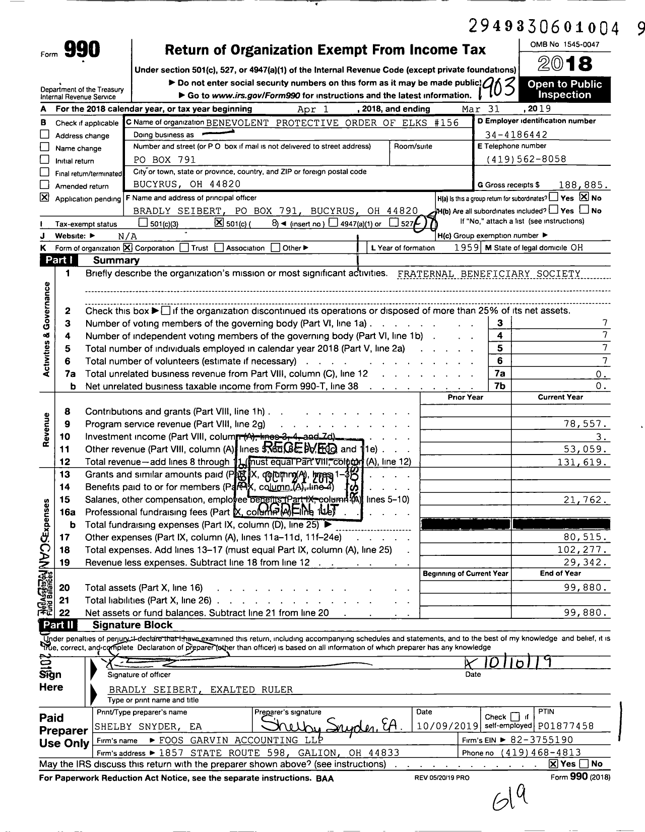 Image of first page of 2018 Form 990O for Benevolent Protective Order of Elks 156