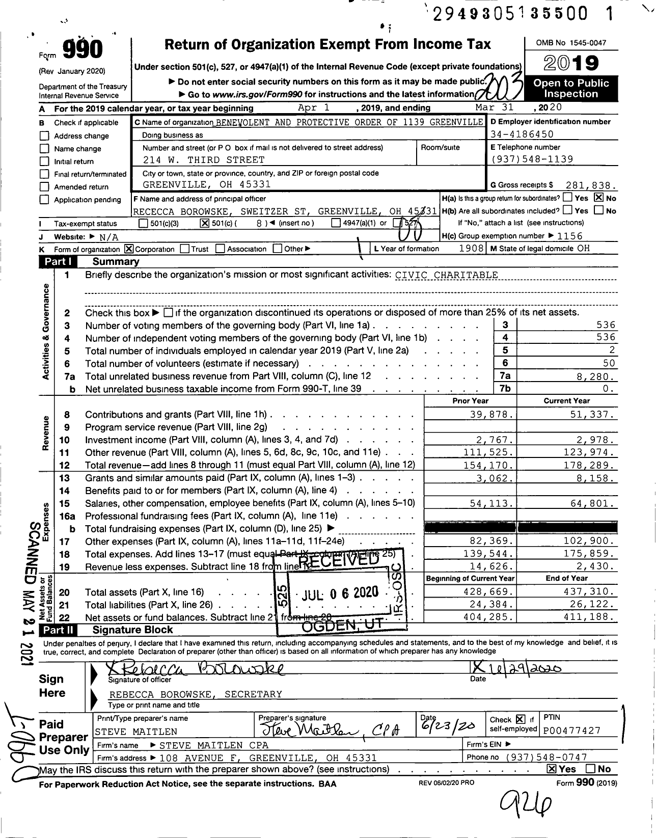 Image of first page of 2019 Form 990O for BENEVOLENT AND PROTECTIVE ORDER OF ELKs - Greenville ELKs Lodge 1139