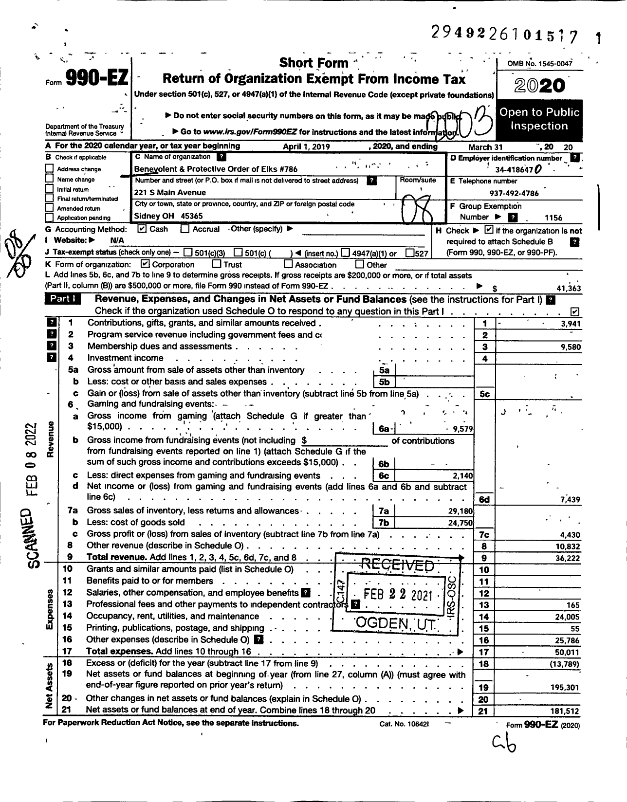 Image of first page of 2019 Form 990EO for Benevolent and Protective Order of Elks - Sidney Elks Lodge No 786