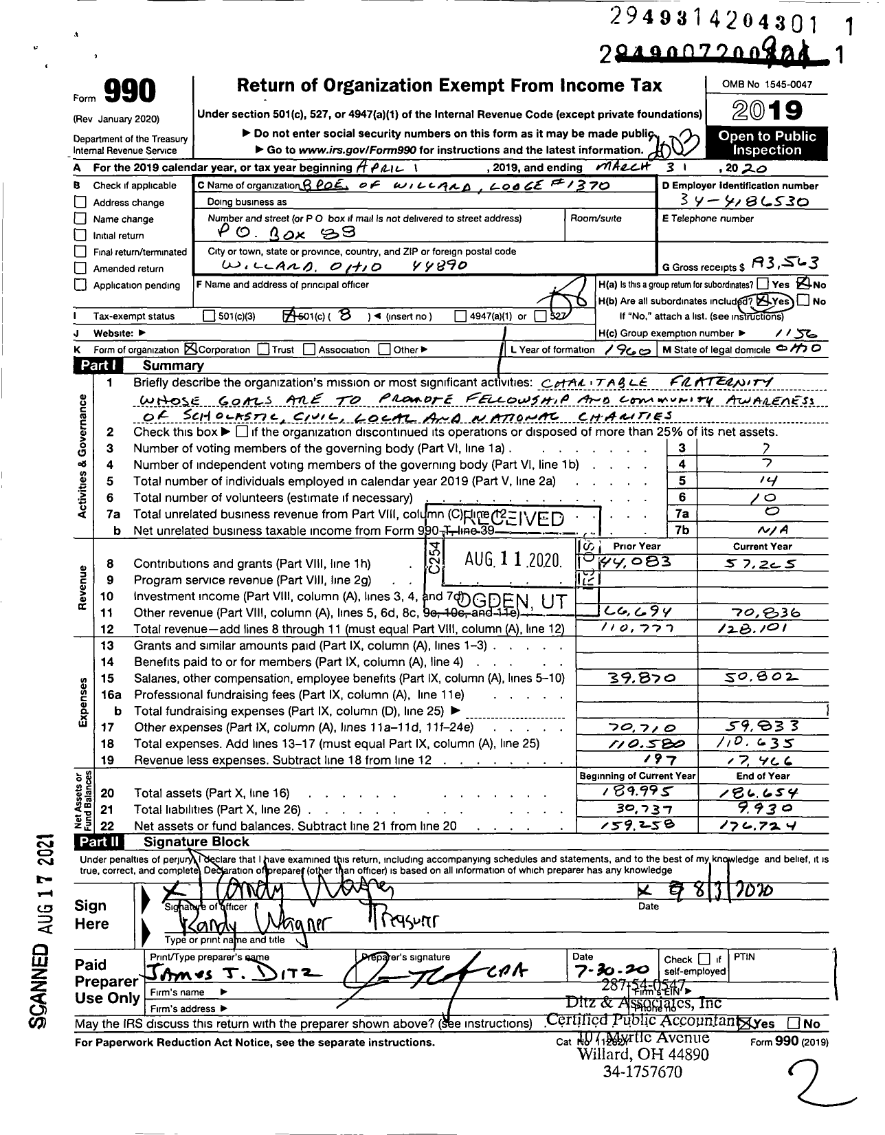 Image of first page of 2019 Form 990O for Benevolent and Protective Order of Elks - 1370 Willard