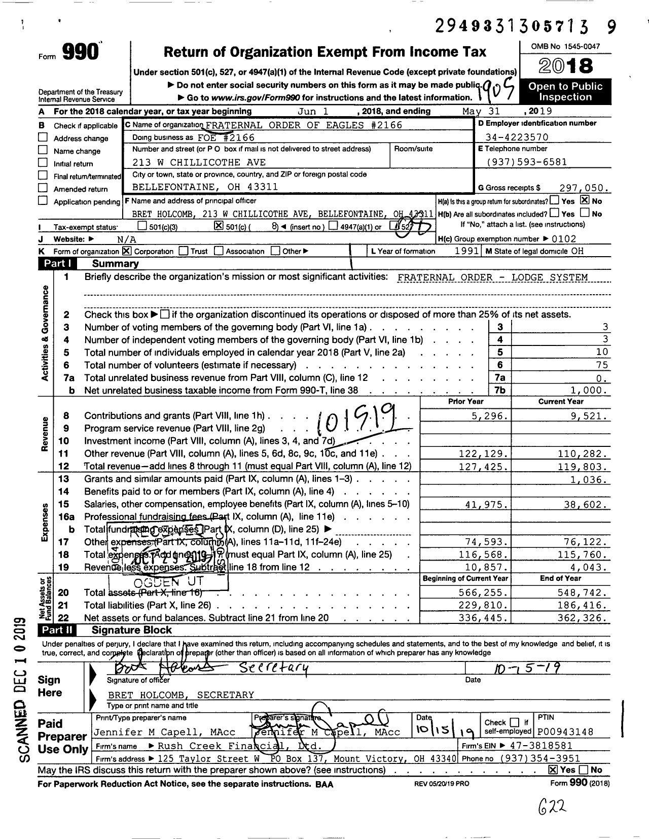 Image of first page of 2018 Form 990O for Fraternal Order of Eagles - Foe 2166