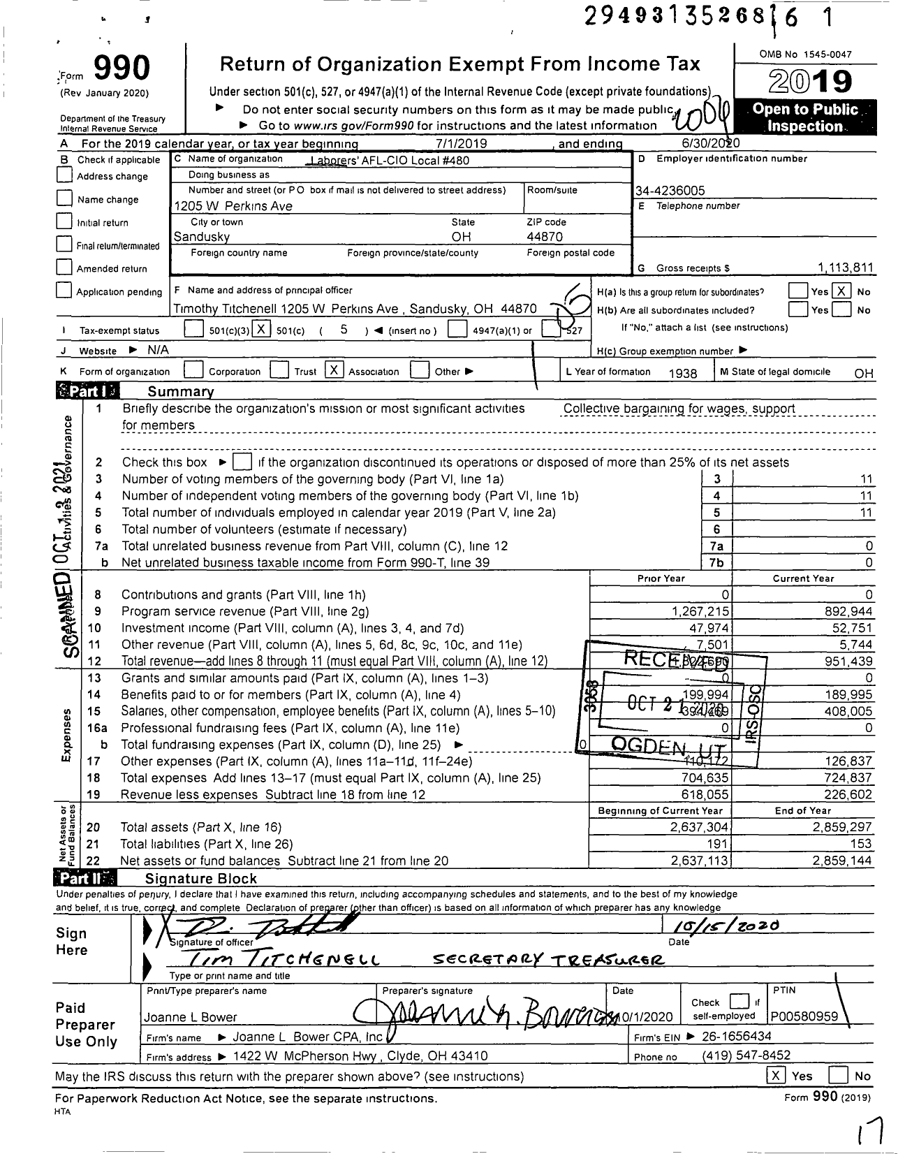 Image of first page of 2019 Form 990O for Laborers' International Union of North America - 480 Local Union