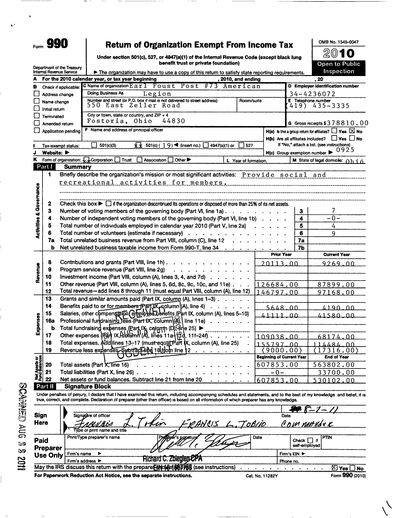 Image of first page of 2010 Form 990O for Earl Foust Post 73 American Legion