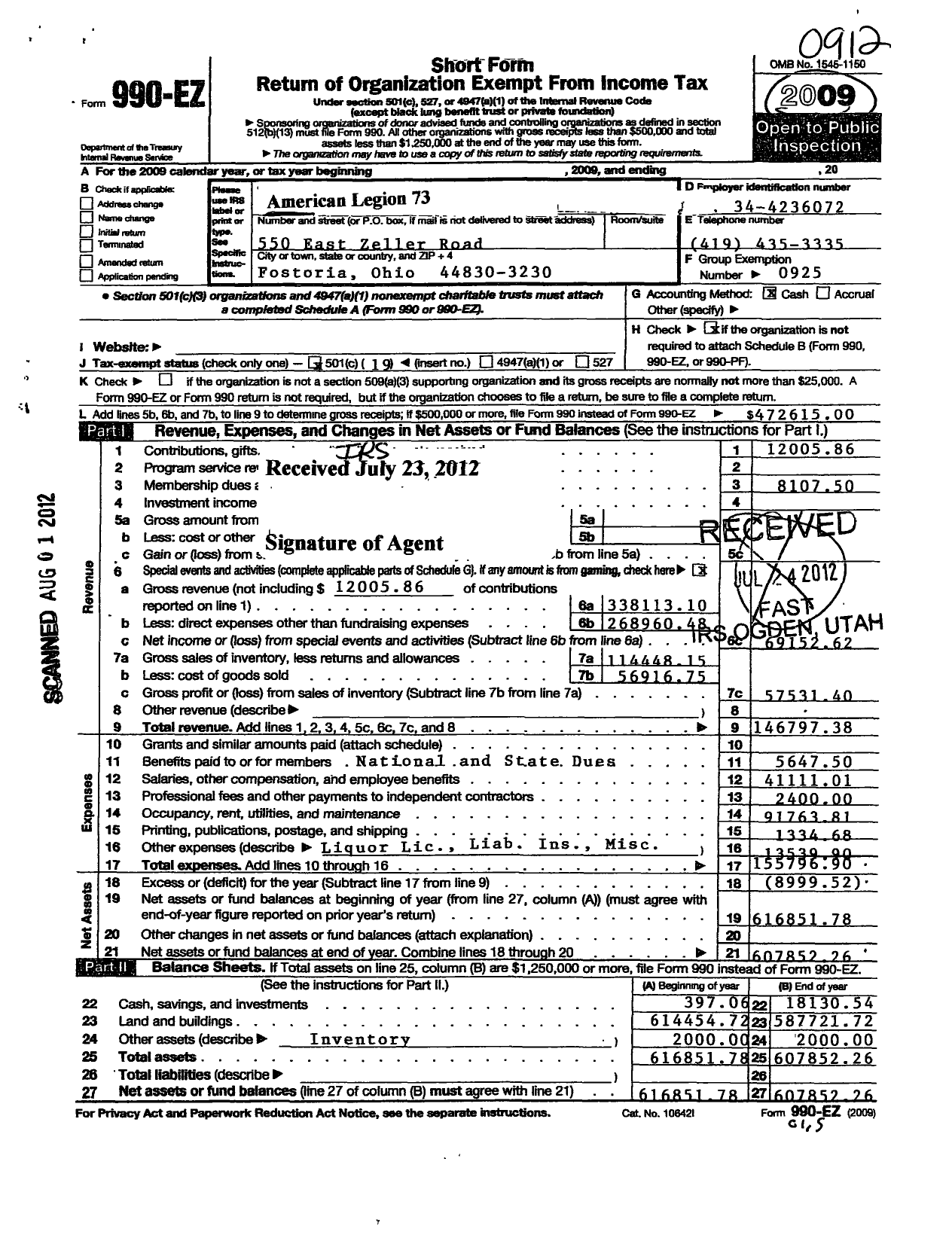 Image of first page of 2009 Form 990EO for Earl Foust Post 73 American Legion