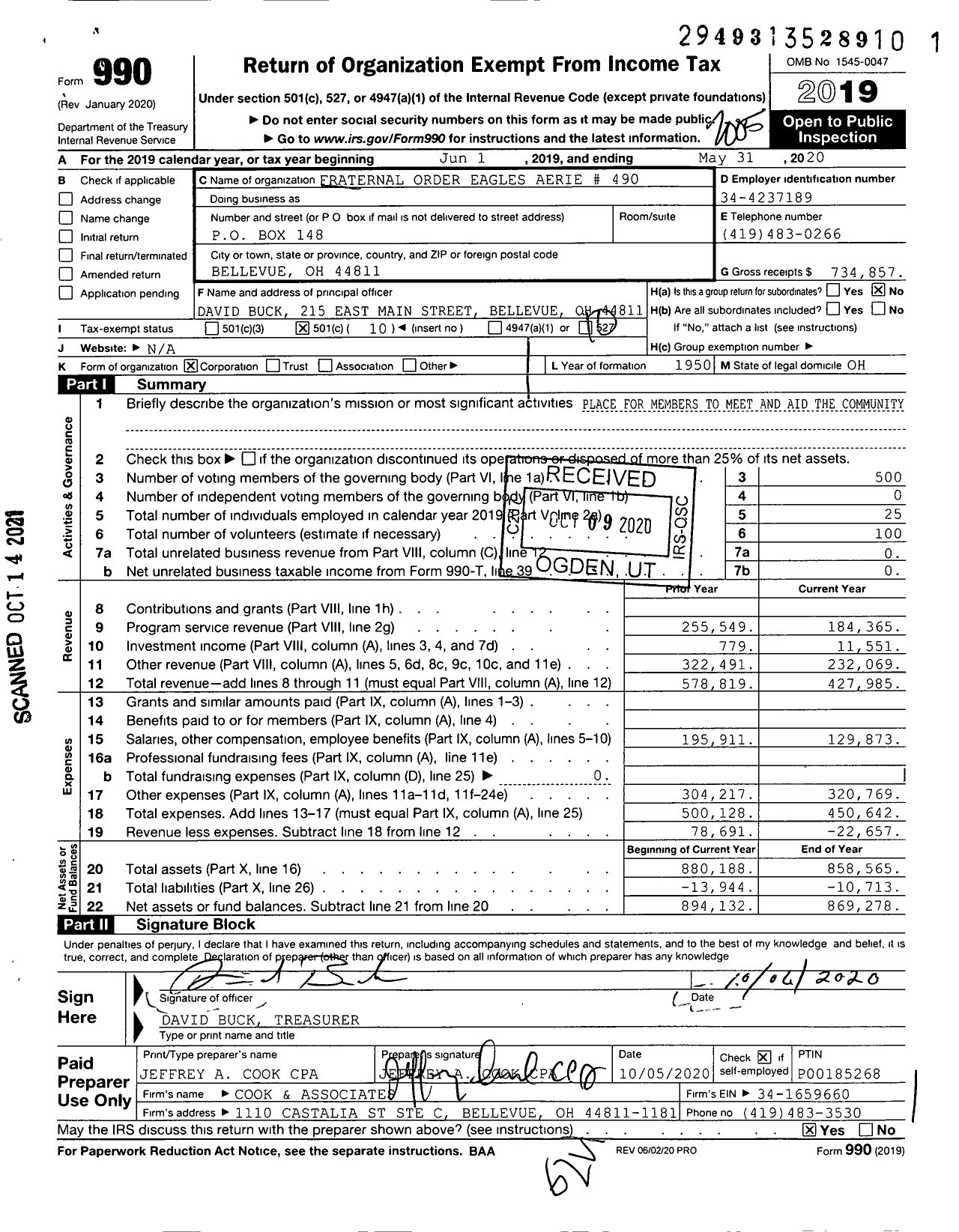 Image of first page of 2019 Form 990O for Fraternal Order of Eagles - 490 Aerie