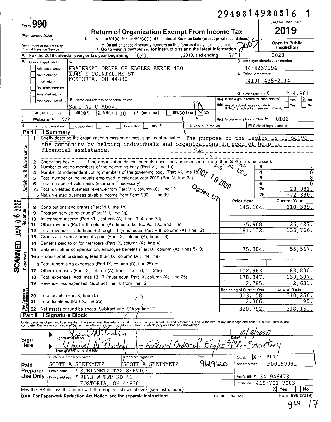 Image of first page of 2019 Form 990O for Fraternal Order of Eagles - 430 Aerie