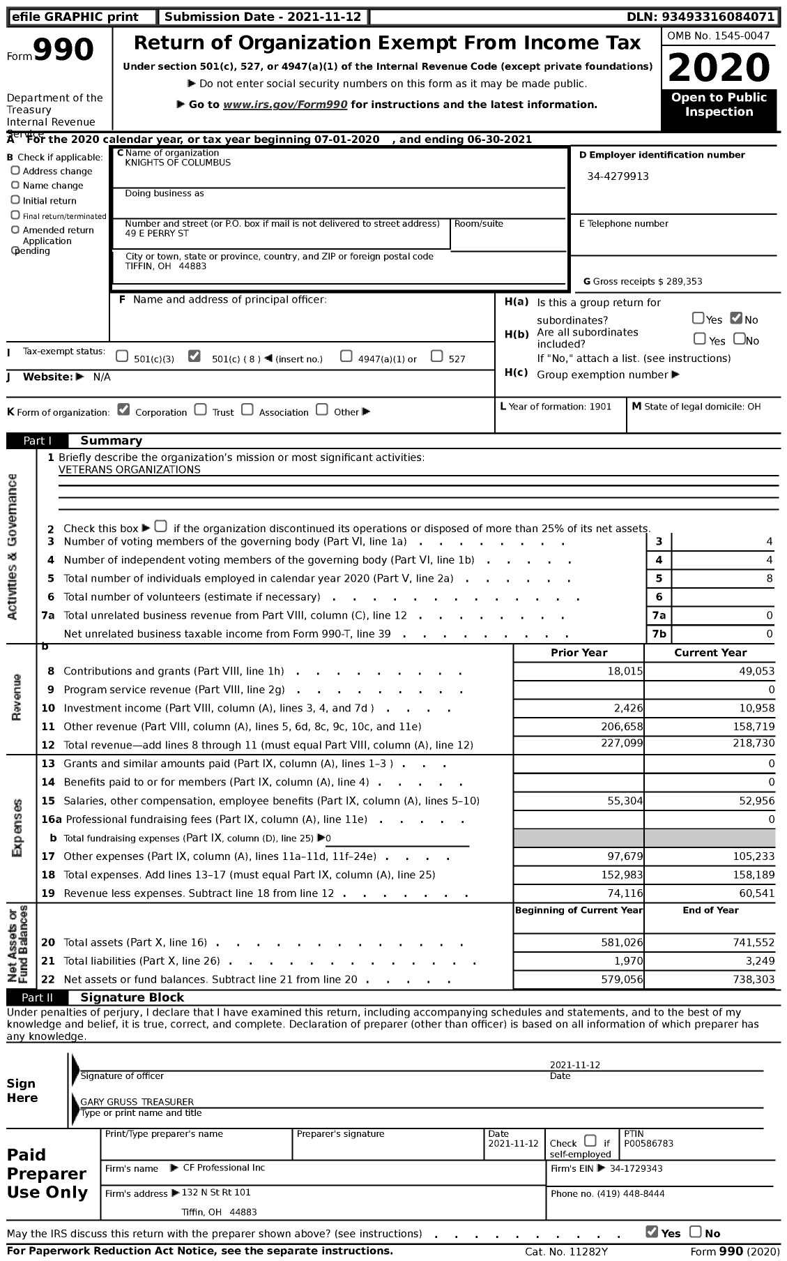 Image of first page of 2020 Form 990 for Knights of Columbus - 608 Tiffin Council