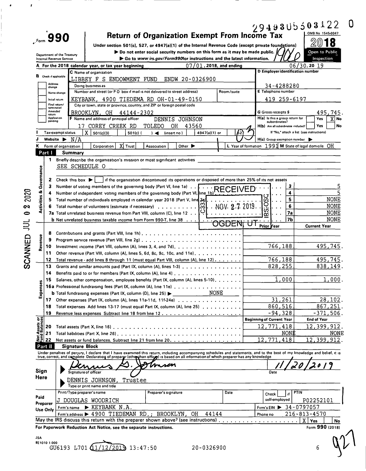 Image of first page of 2018 Form 990 for Libbey F S Endowment Fund Endw