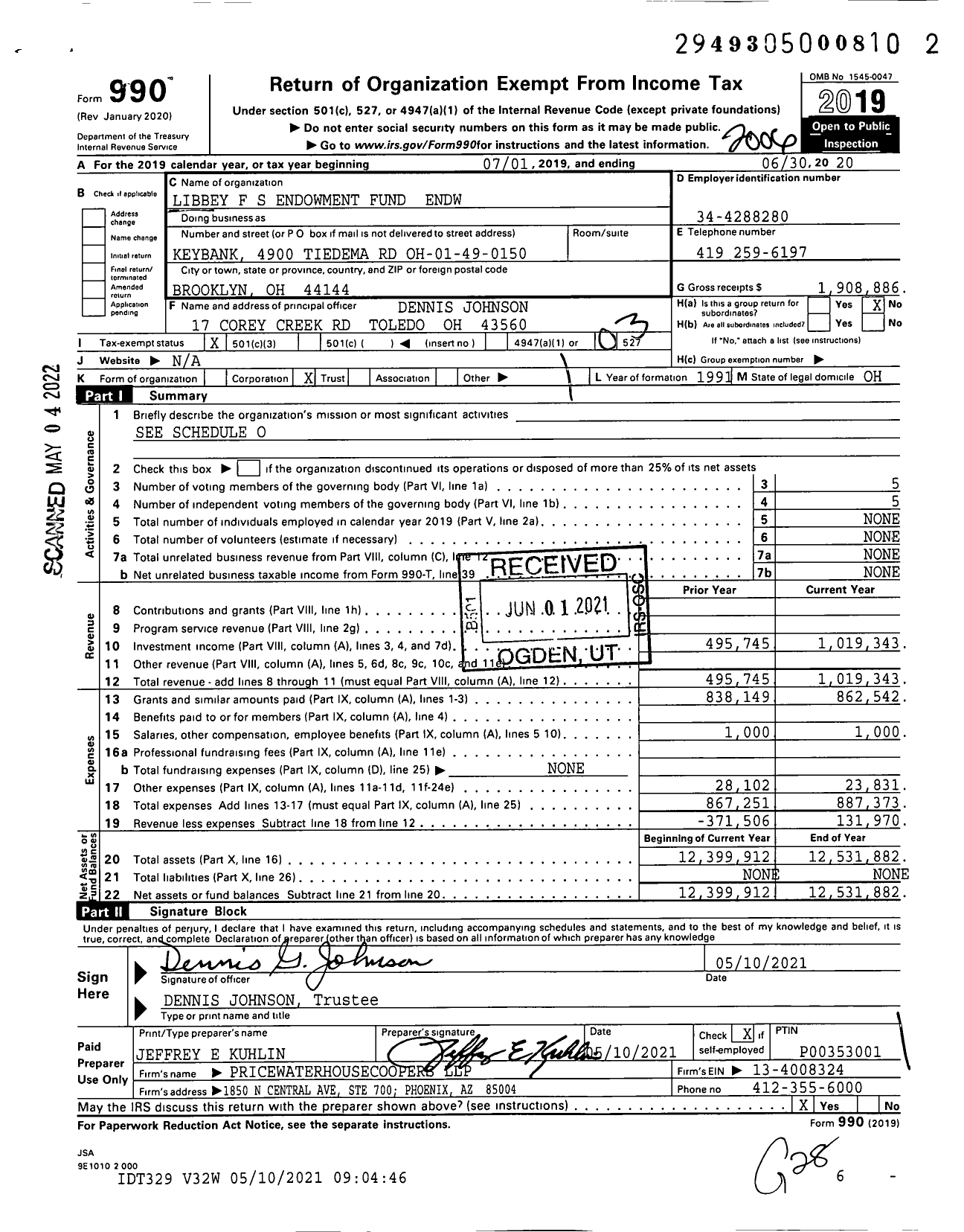 Image of first page of 2019 Form 990 for Libbey F S Endowment Fund Endw
