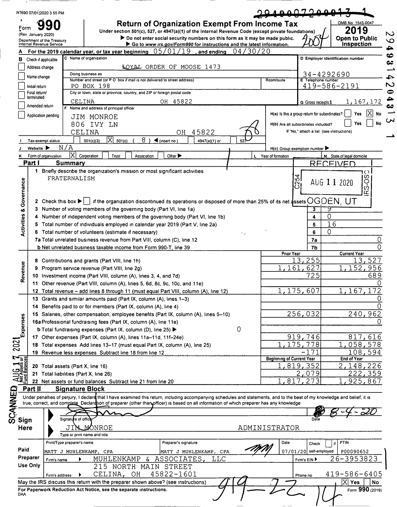 Image of first page of 2019 Form 990O for Loyal Order of Moose - 1473