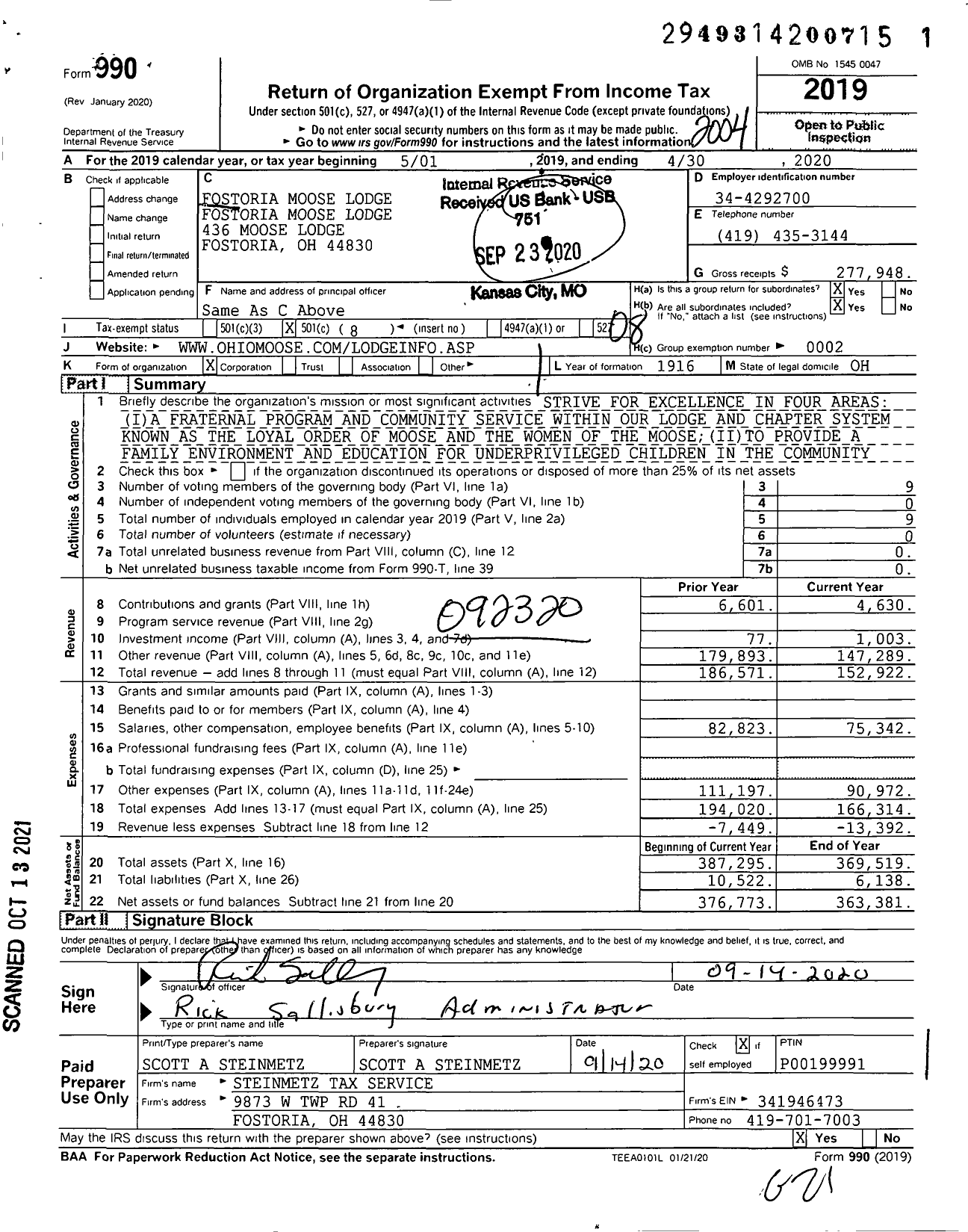 Image of first page of 2019 Form 990O for Loyal Order of MOOSE - 1567