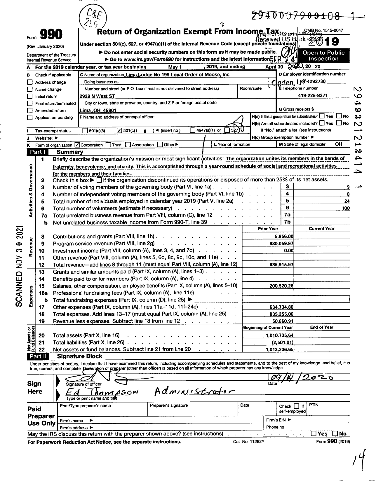 Image of first page of 2019 Form 990O for Loyal Order of Moose - 199