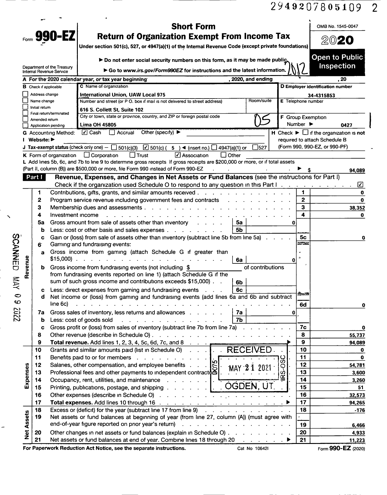 Image of first page of 2020 Form 990EO for UAW - International Union UAW 975