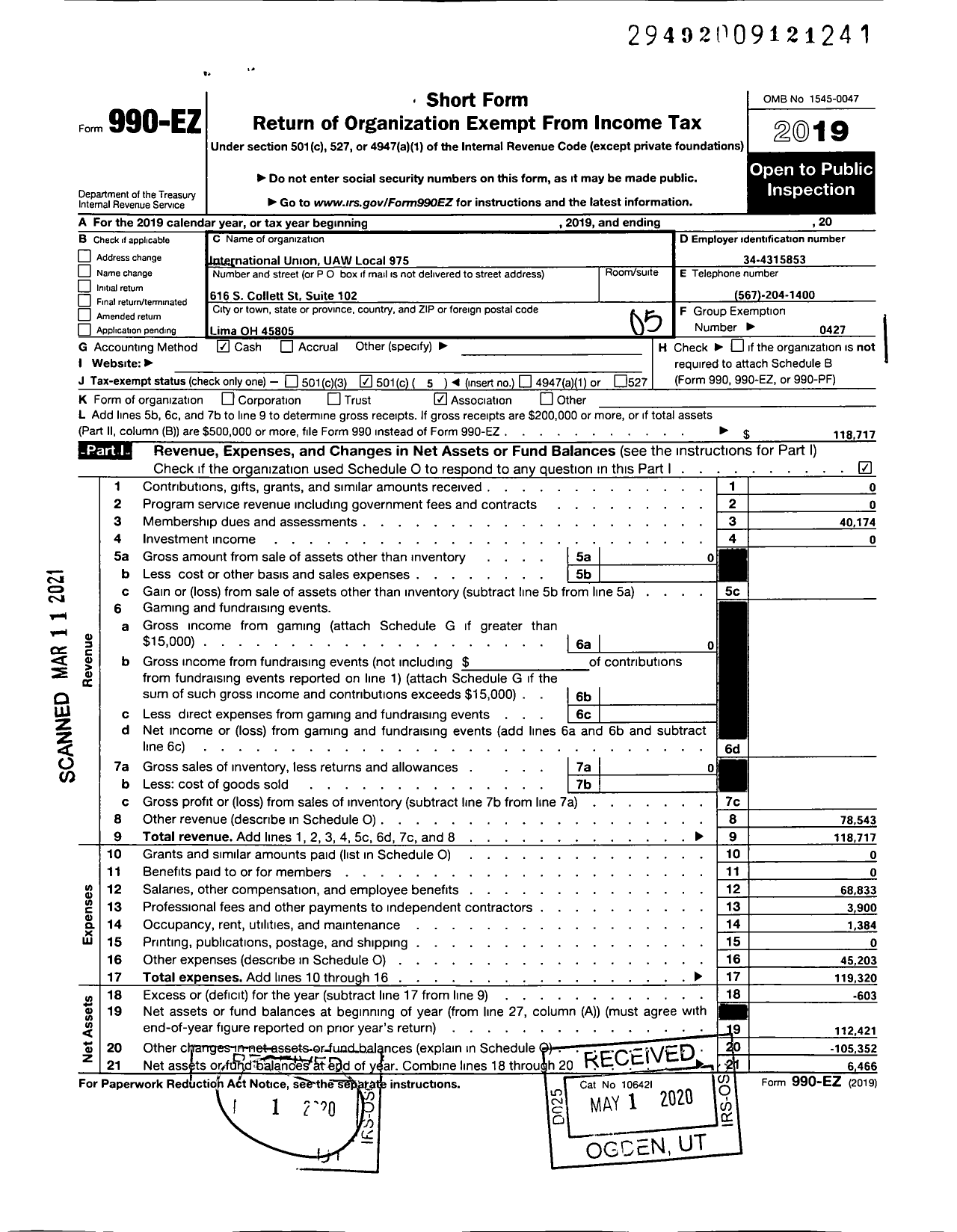 Image of first page of 2019 Form 990EO for UAW - International Union UAW 975