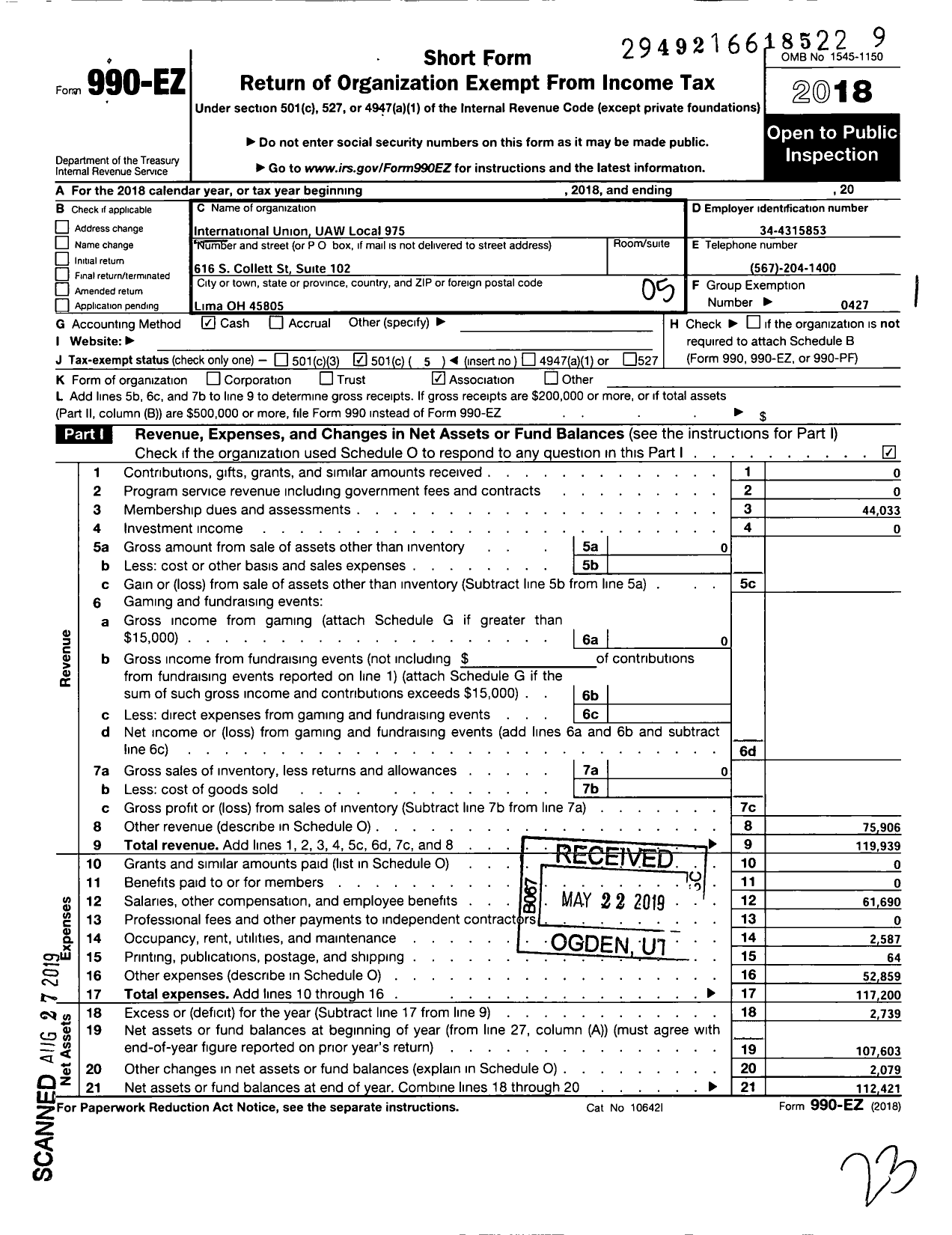 Image of first page of 2018 Form 990EO for UAW - International Union UAW 975