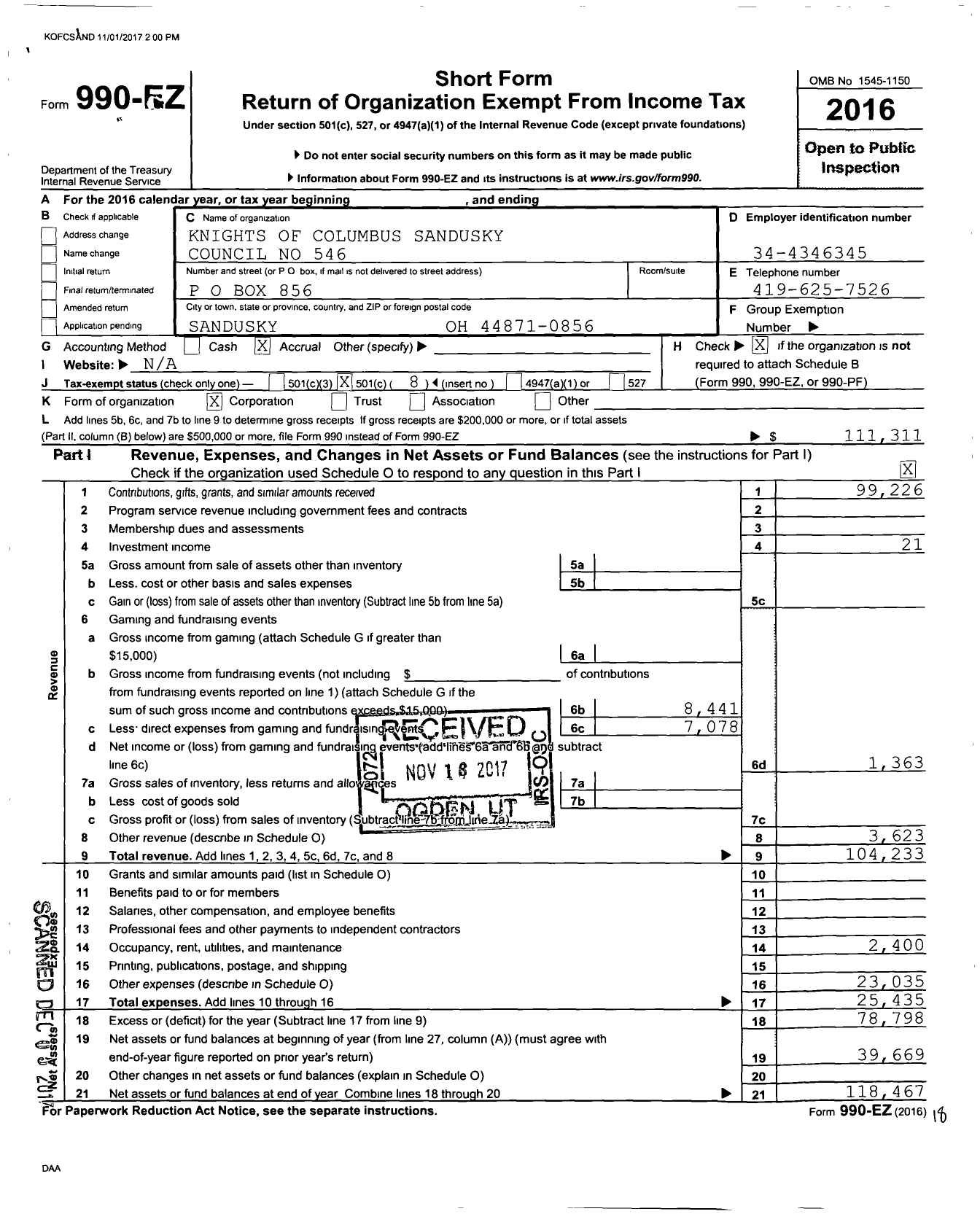 Image of first page of 2016 Form 990EO for Knights of Columbus Sandusky Council No 546