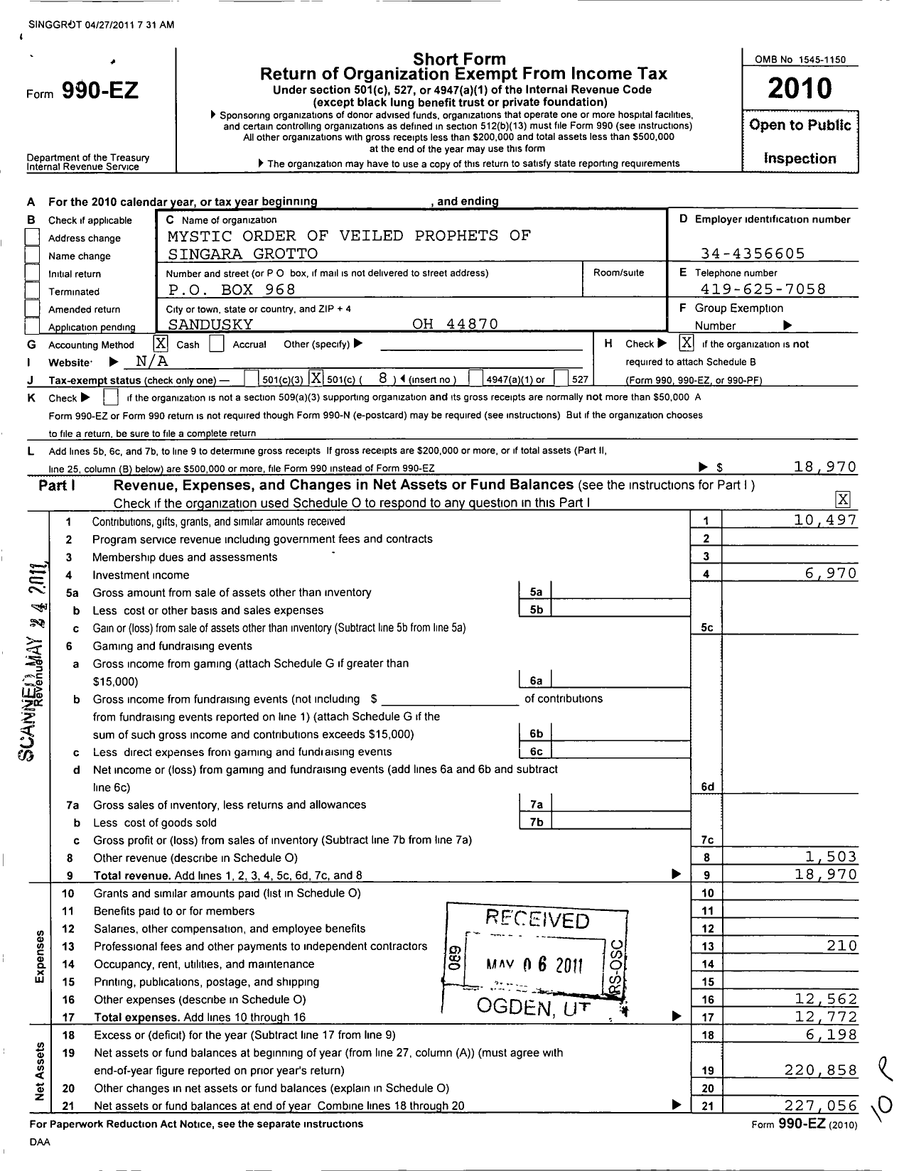 Image of first page of 2010 Form 990EO for Mystic Order of Veiled Prophets of Singara Grotto