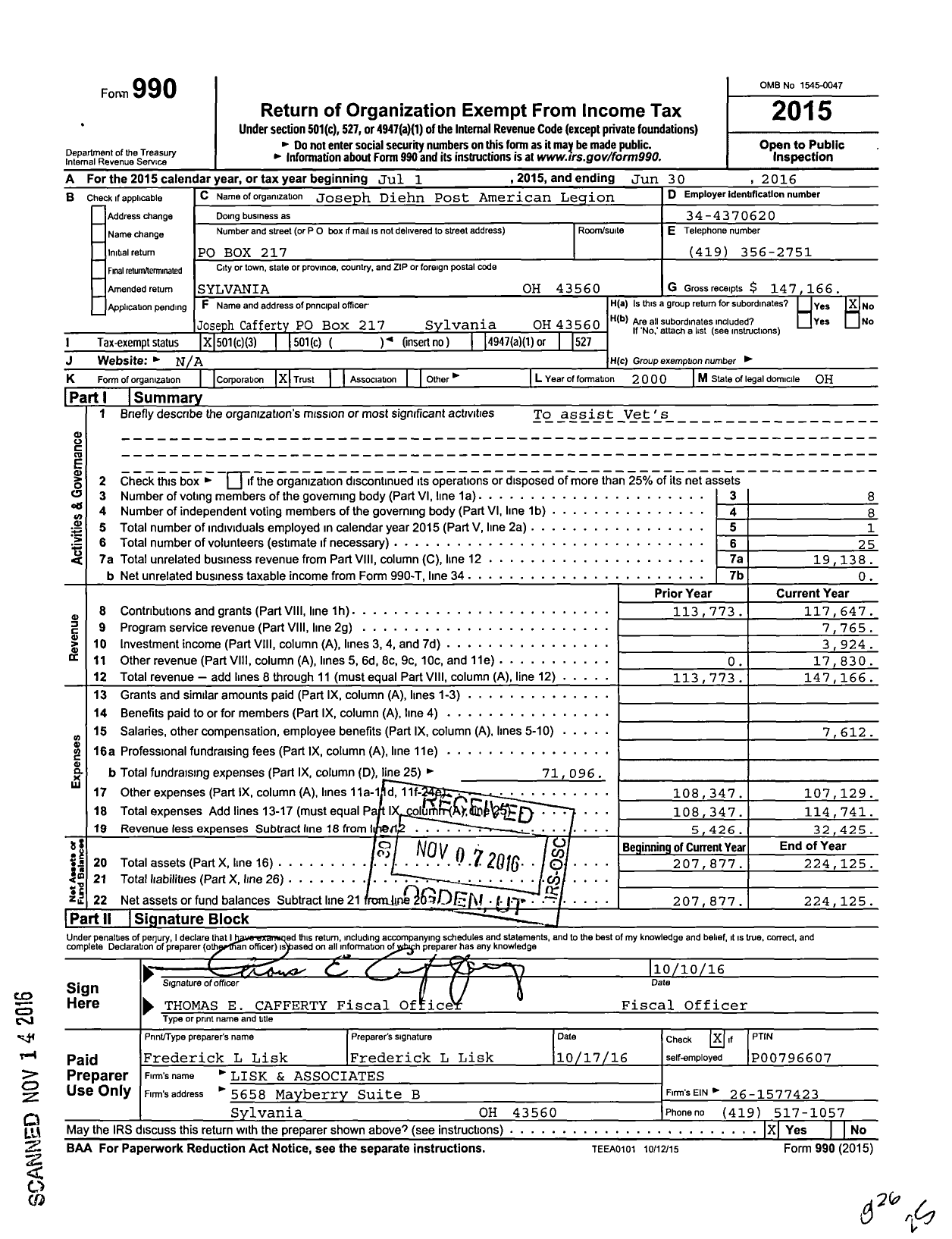 Image of first page of 2015 Form 990 for American Legion - 0468 Joseph W Diehn