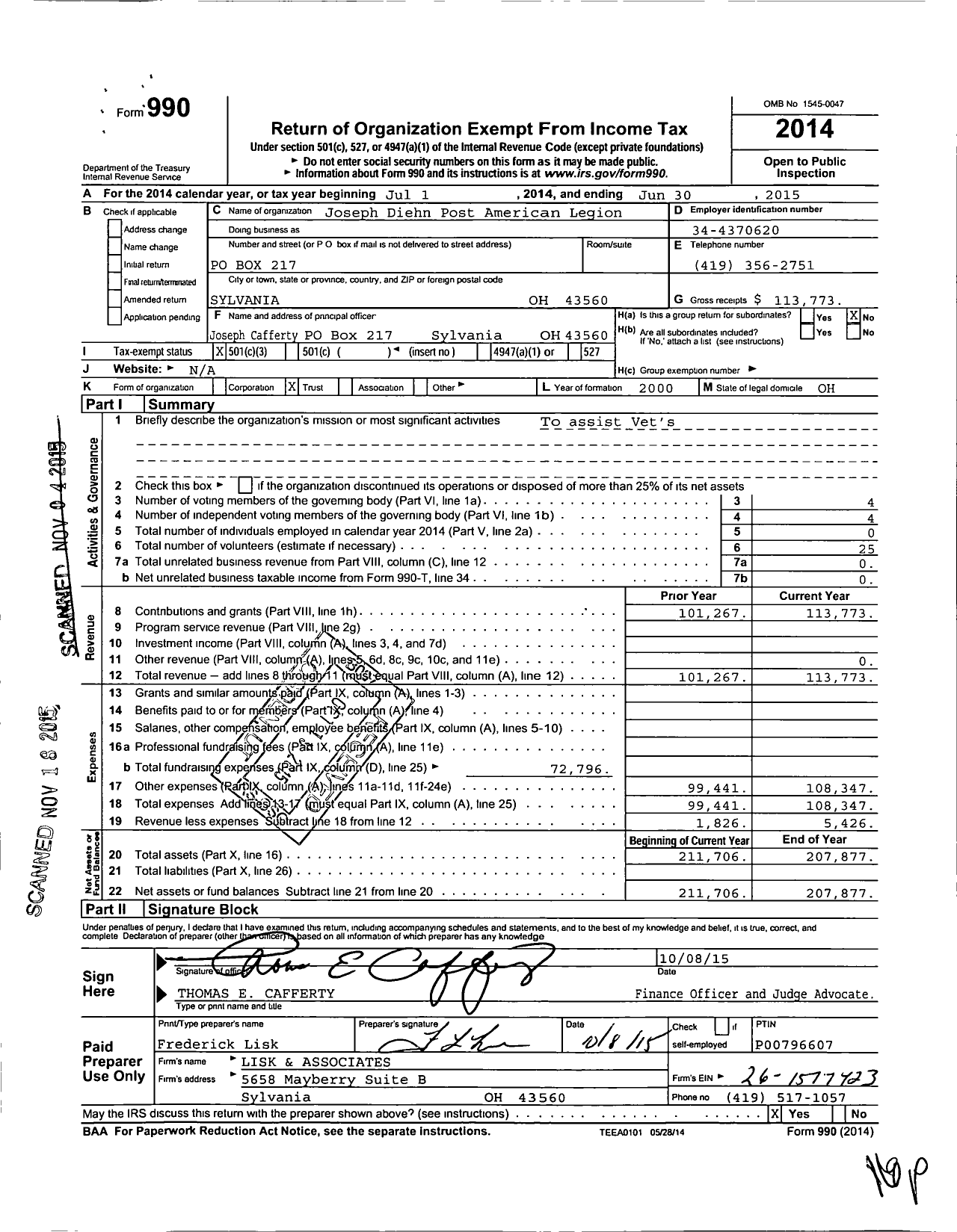 Image of first page of 2014 Form 990 for American Legion - 0468 Joseph W Diehn