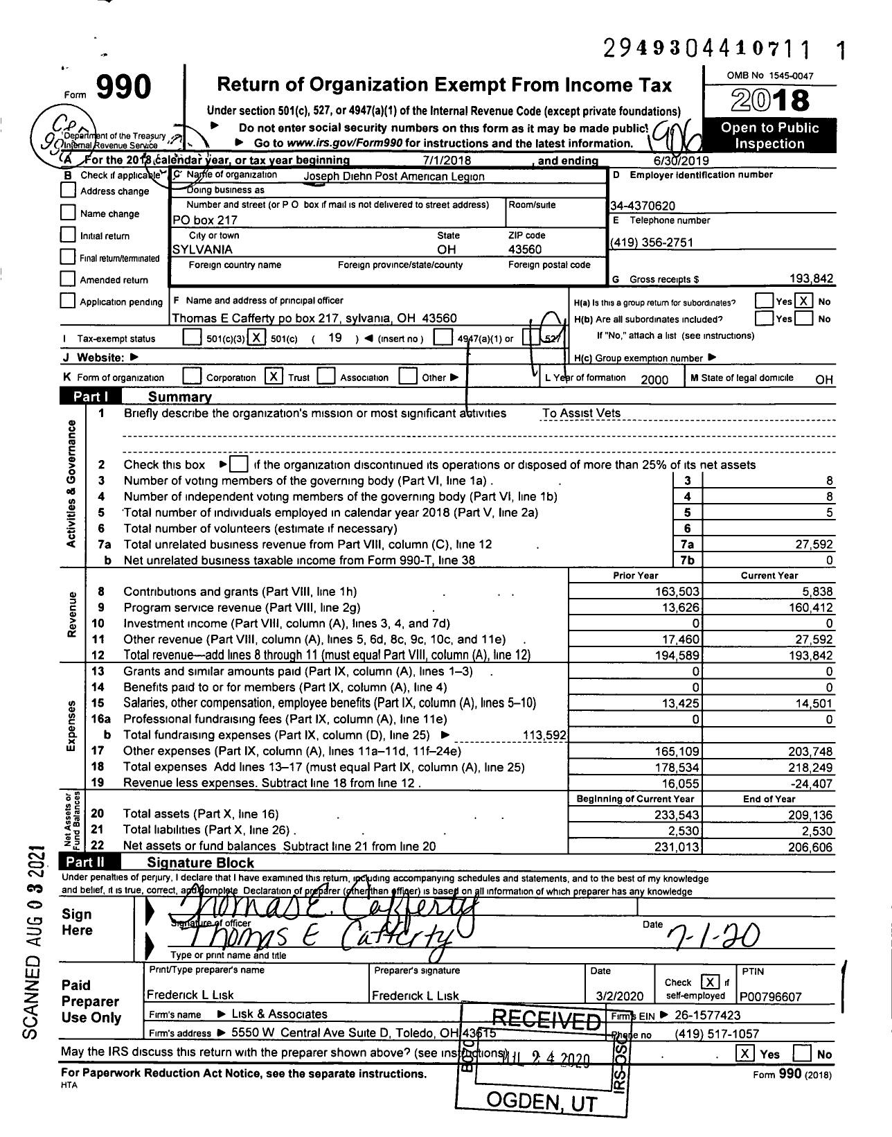 Image of first page of 2018 Form 990O for American Legion - 0468 Joseph W Diehn