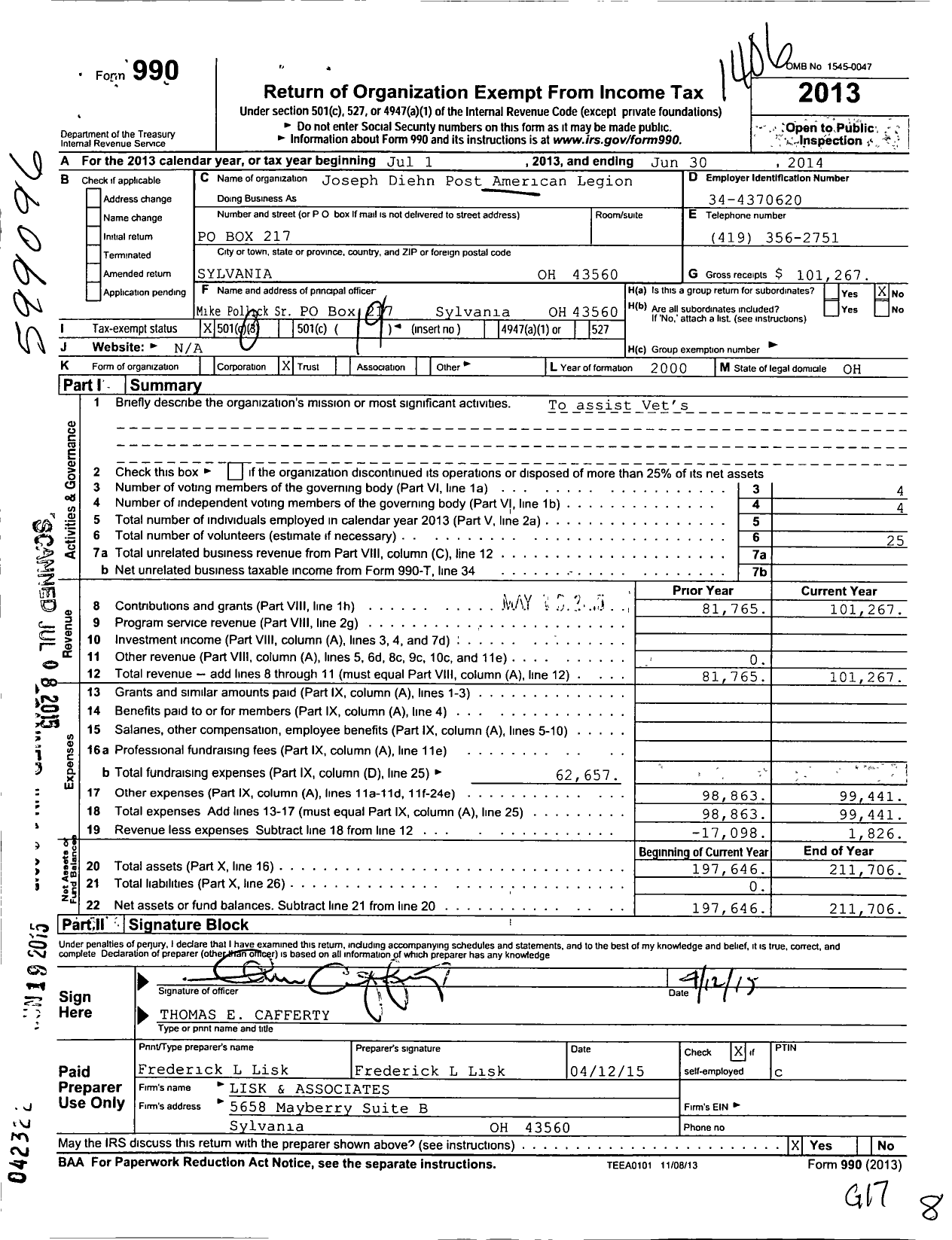 Image of first page of 2013 Form 990O for American Legion - 0468 Joseph W Diehn