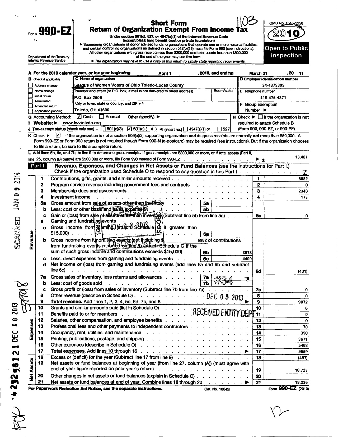 Image of first page of 2010 Form 990EO for League of Women Voters of Ohio / Toledo-Lucas County