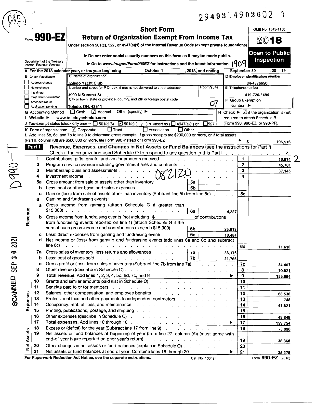 Image of first page of 2018 Form 990EO for Toledo Yacht Club