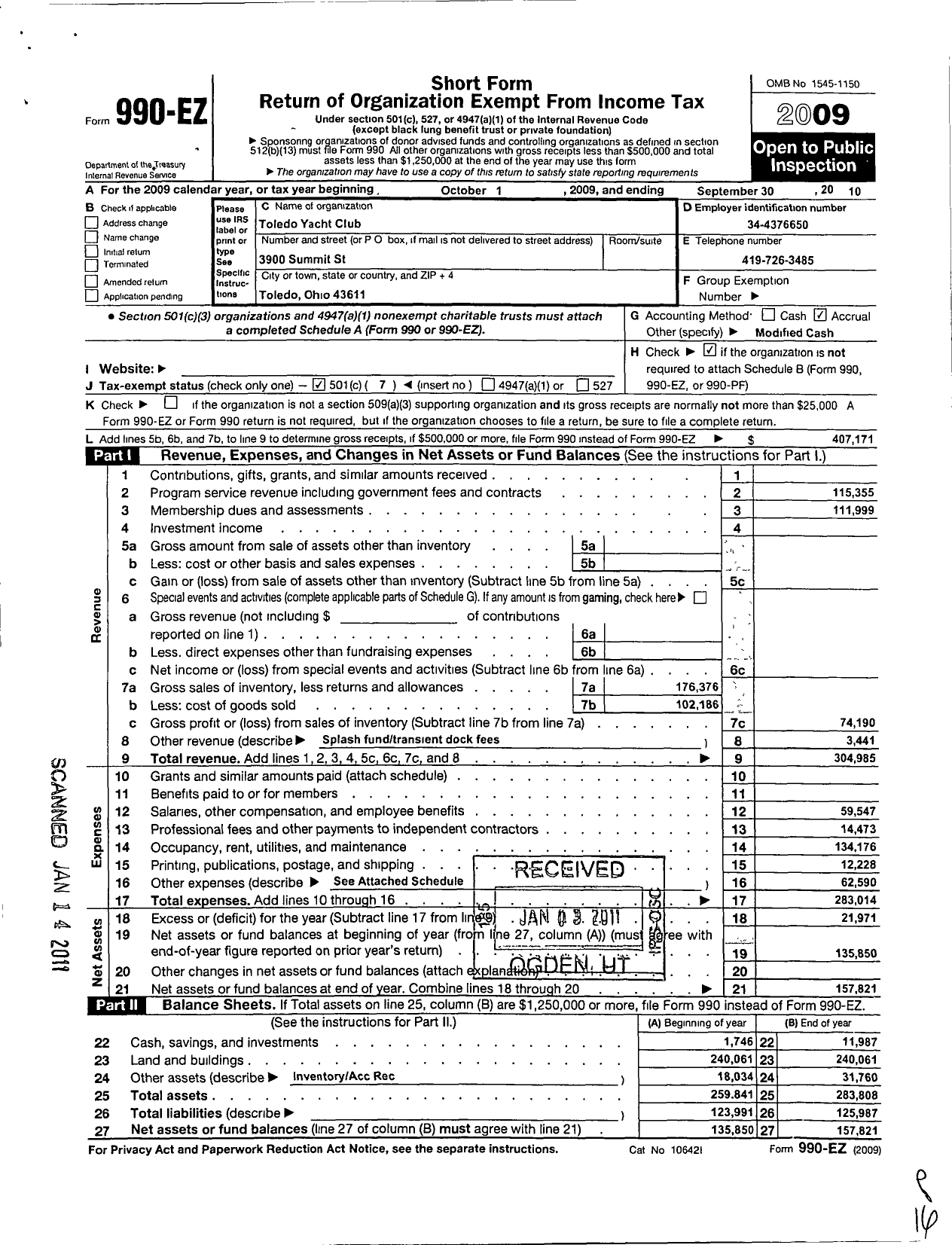 Image of first page of 2009 Form 990EO for Toledo Yacht Club