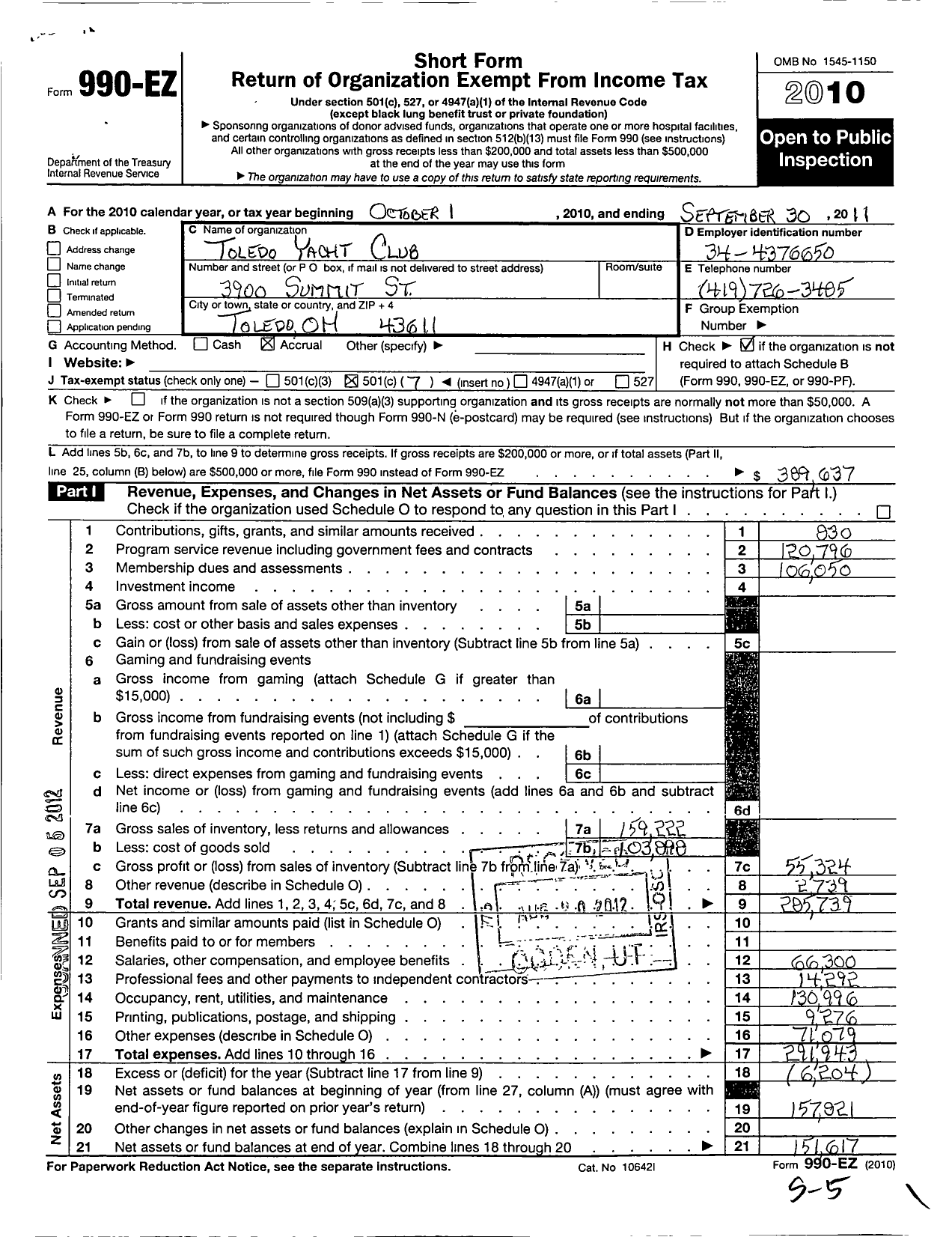 Image of first page of 2010 Form 990EO for Toledo Yacht Club