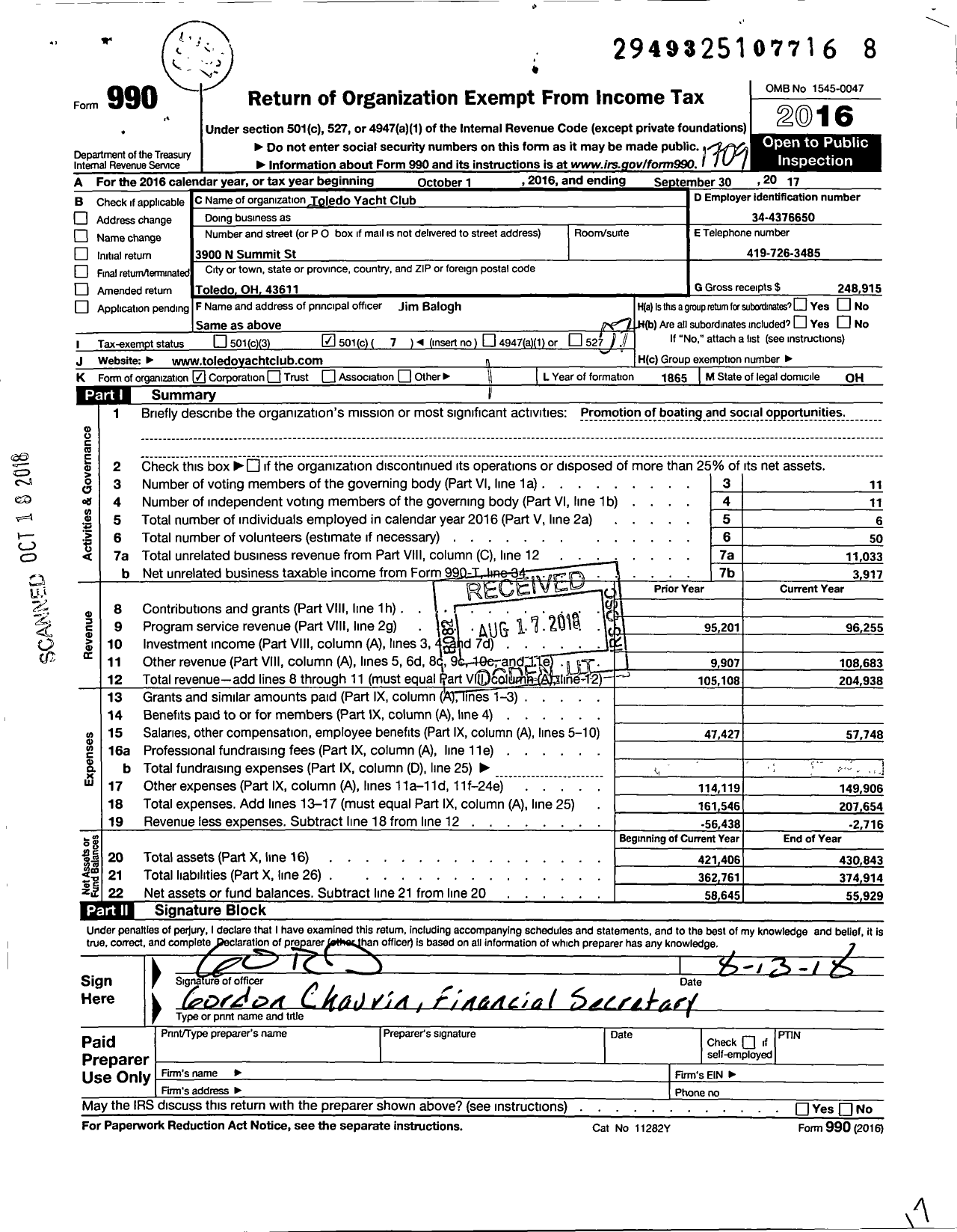 Image of first page of 2016 Form 990O for Toledo Yacht Club