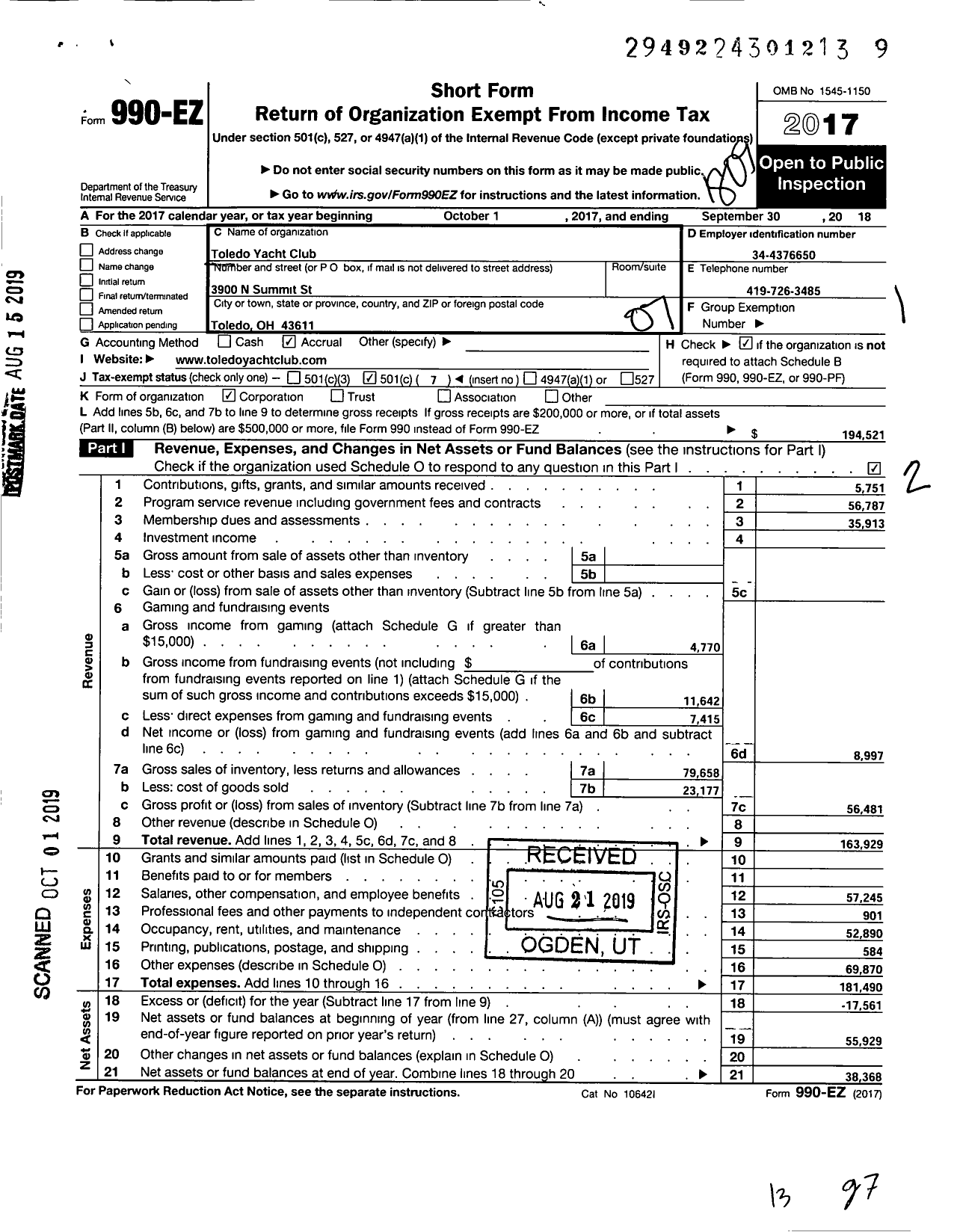 Image of first page of 2017 Form 990EO for Toledo Yacht Club