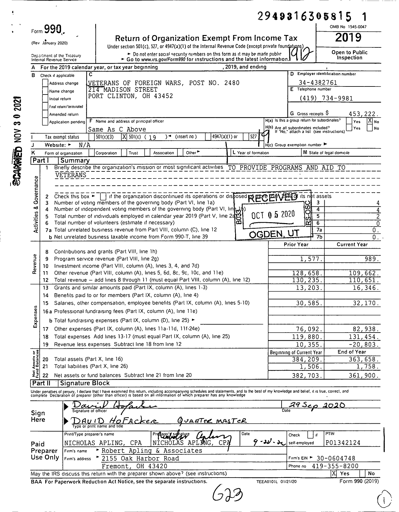 Image of first page of 2019 Form 990O for Ohio VFW - Veterans of Foreign Wars Post No 2480