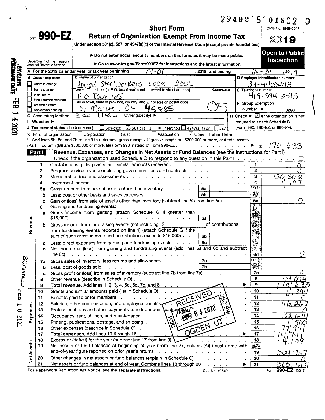 Image of first page of 2019 Form 990EO for United Steelworkers - 200L USW Local