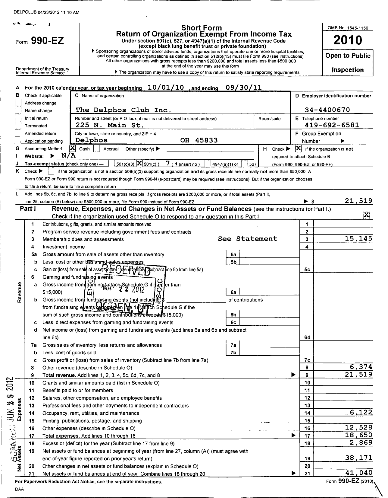 Image of first page of 2010 Form 990EO for Delphos Club of Delphos Oh