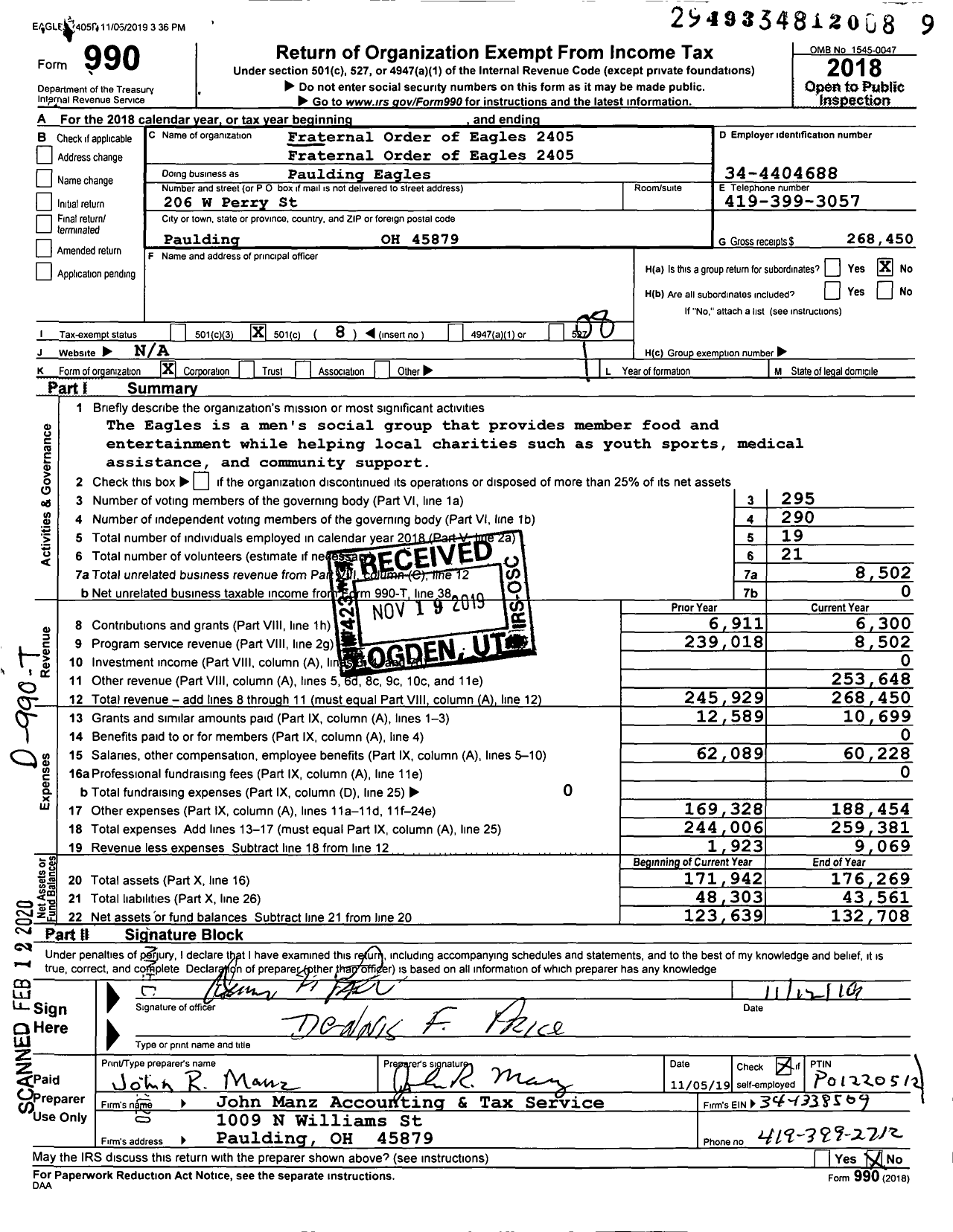 Image of first page of 2018 Form 990O for Fraternal Order of Eagles - Paulding Eagles