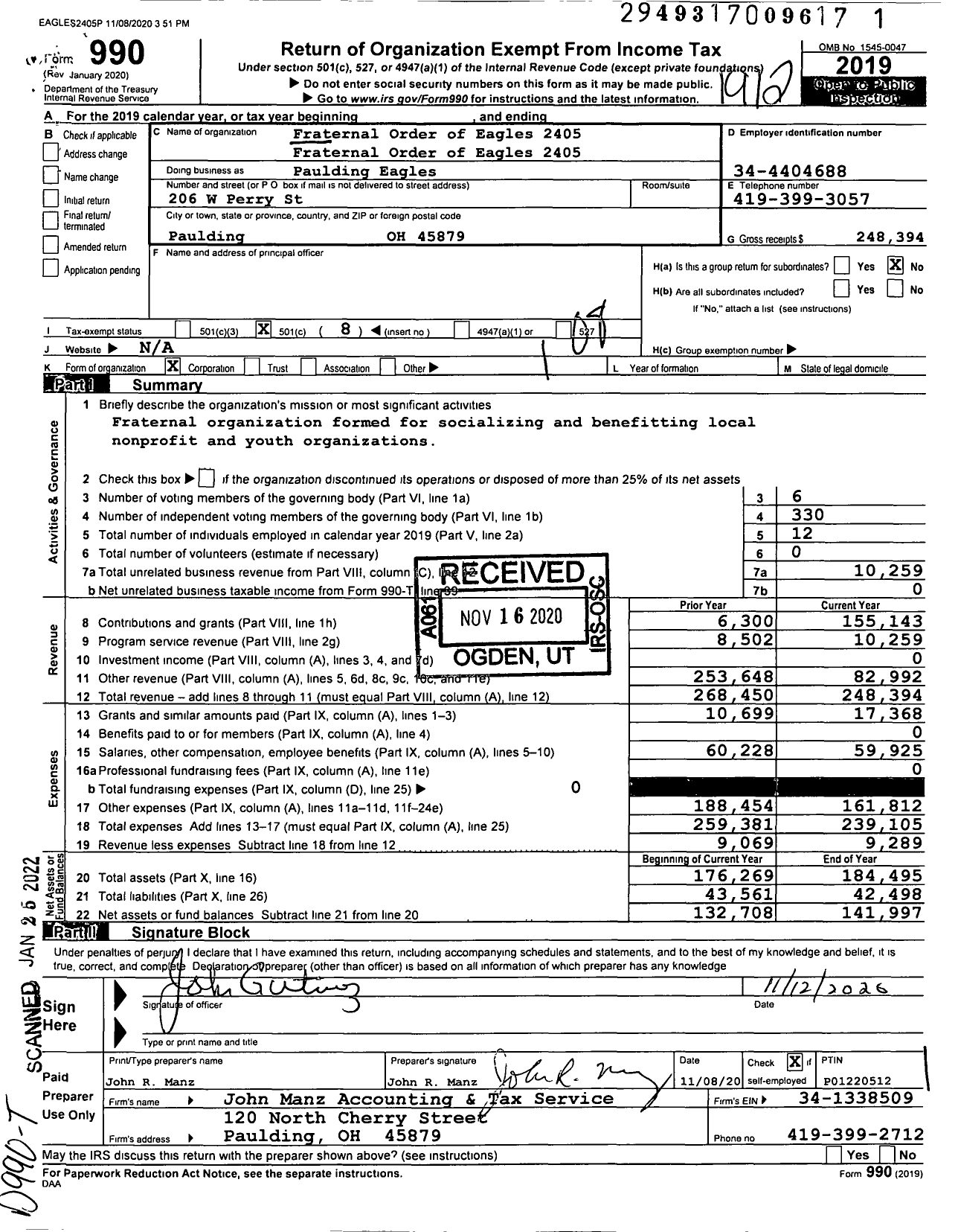 Image of first page of 2019 Form 990O for Fraternal Order of Eagles - Paulding Eagles